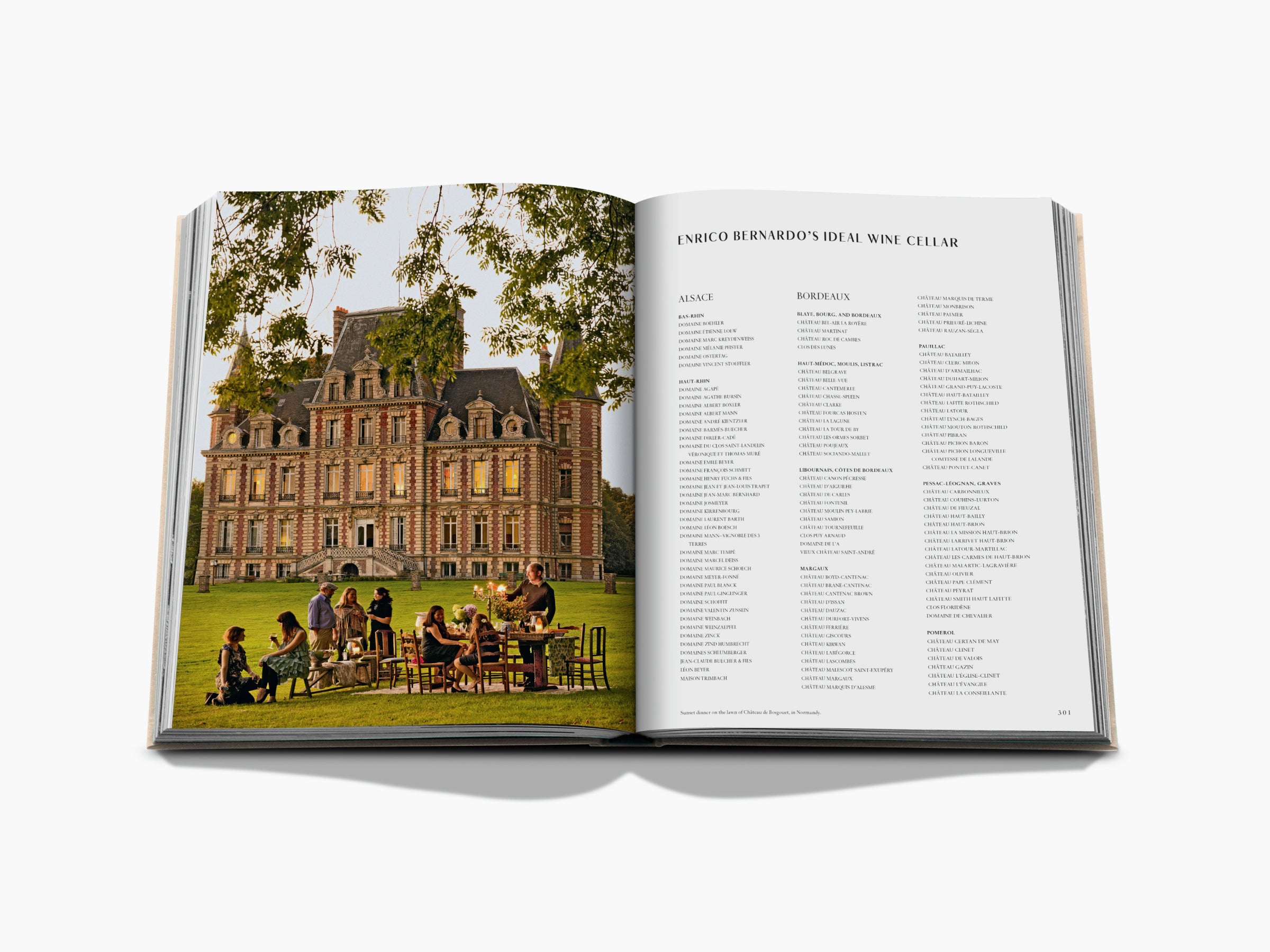 Spread from Wine & Travel France with a grand château and outdoor dining on the left and a long winery list on the right.