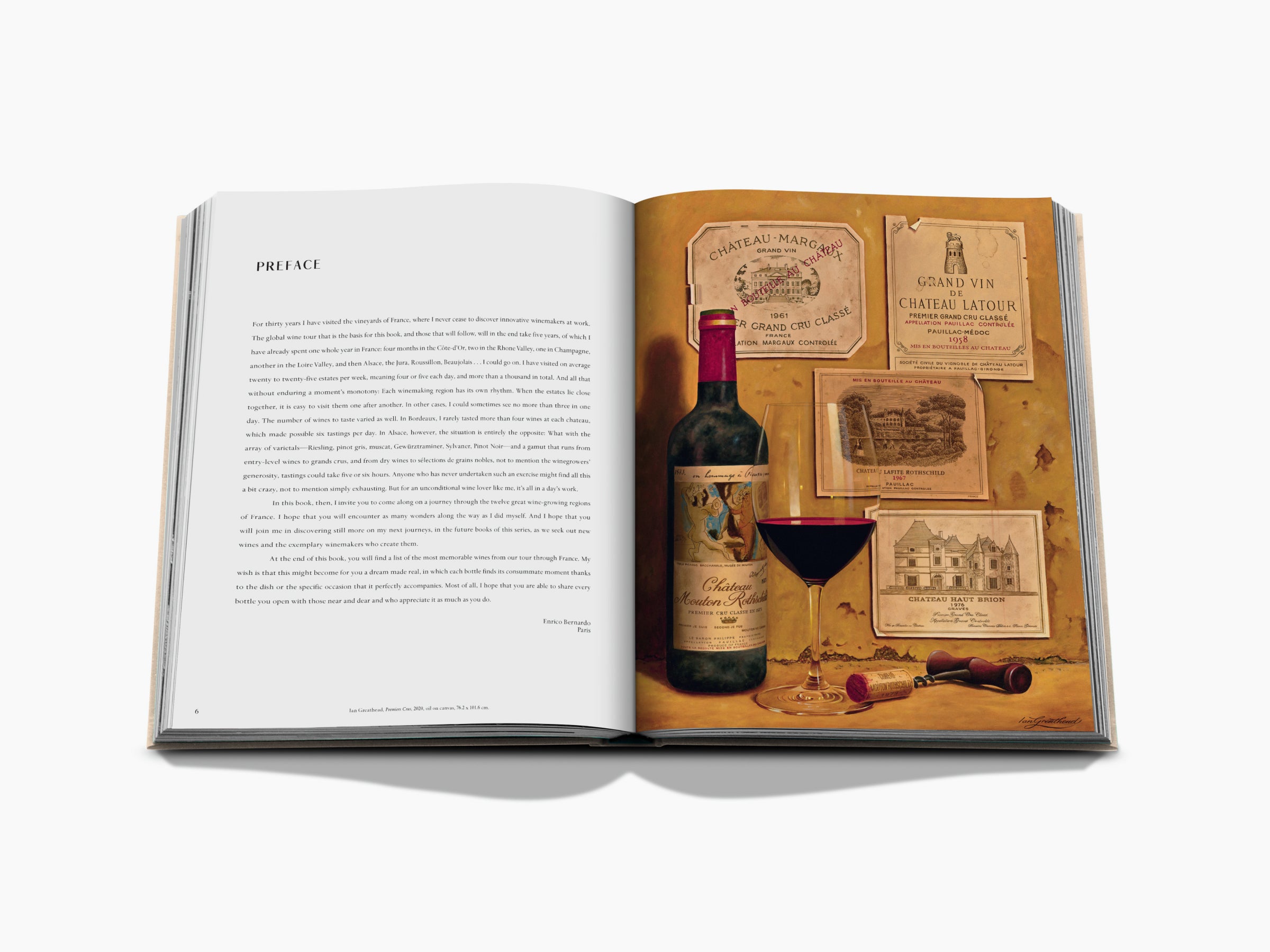 Open book spread with a colorful vineyard scene and horse on the left and a grayscale chateau with a quote on the right.