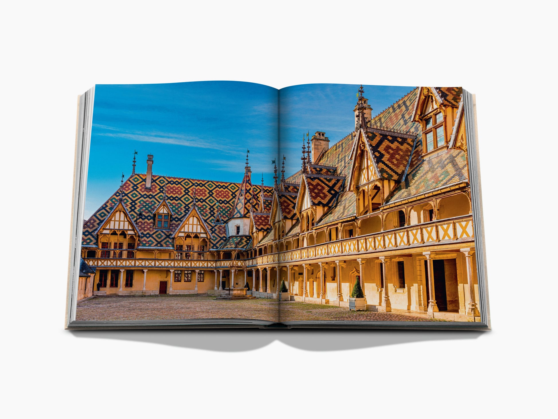 Historic French chateau with colorful patterned tiled roof and ornate gables under a bright blue sky.