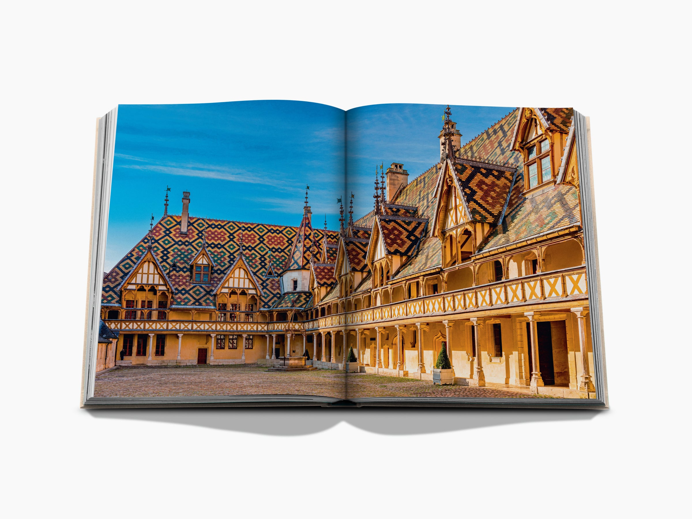 Historic French chateau with colorful patterned tiled roof and ornate gables under a bright blue sky.