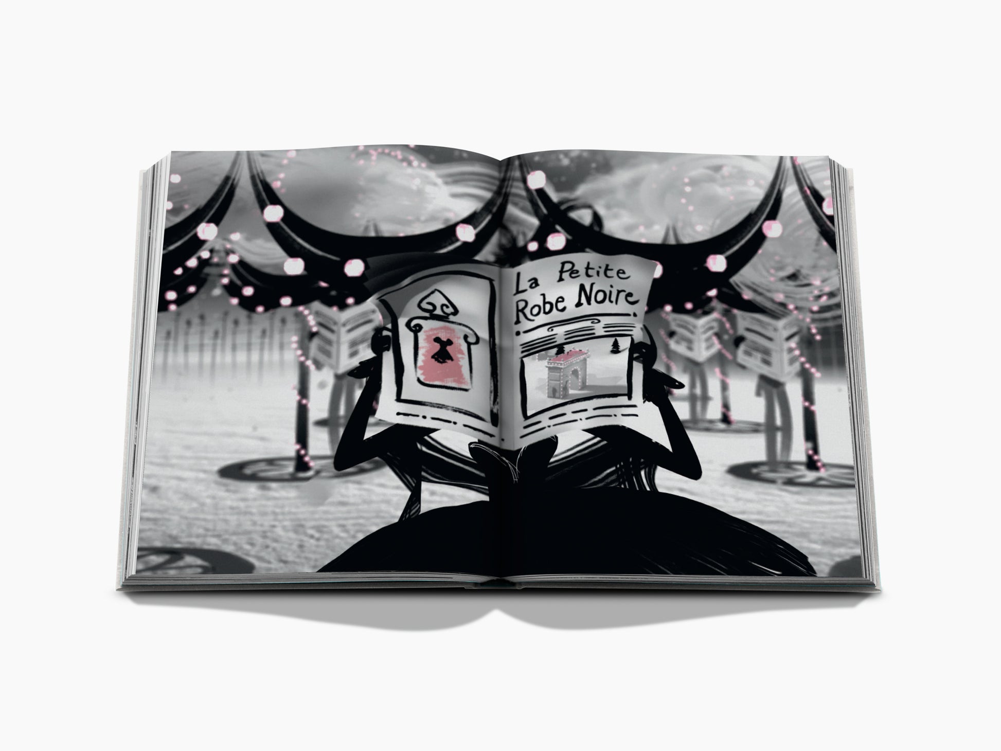 Opened Guerlain VisionarySince 1828 book spread with grayscale art on the left and a La Petite Robe Noire page on the right.