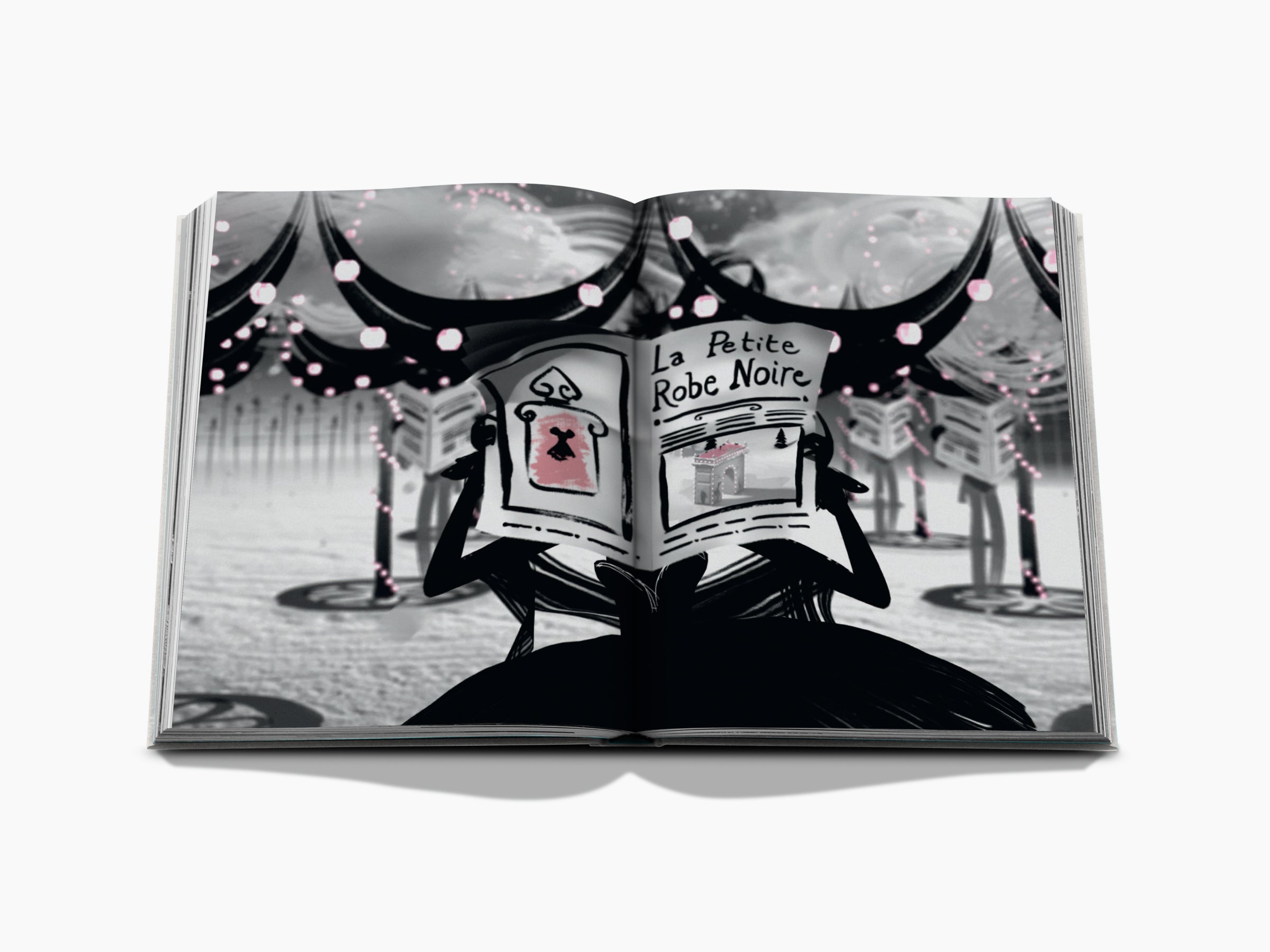 Opened Guerlain VisionarySince 1828 book spread with grayscale art on the left and a La Petite Robe Noire page on the right.