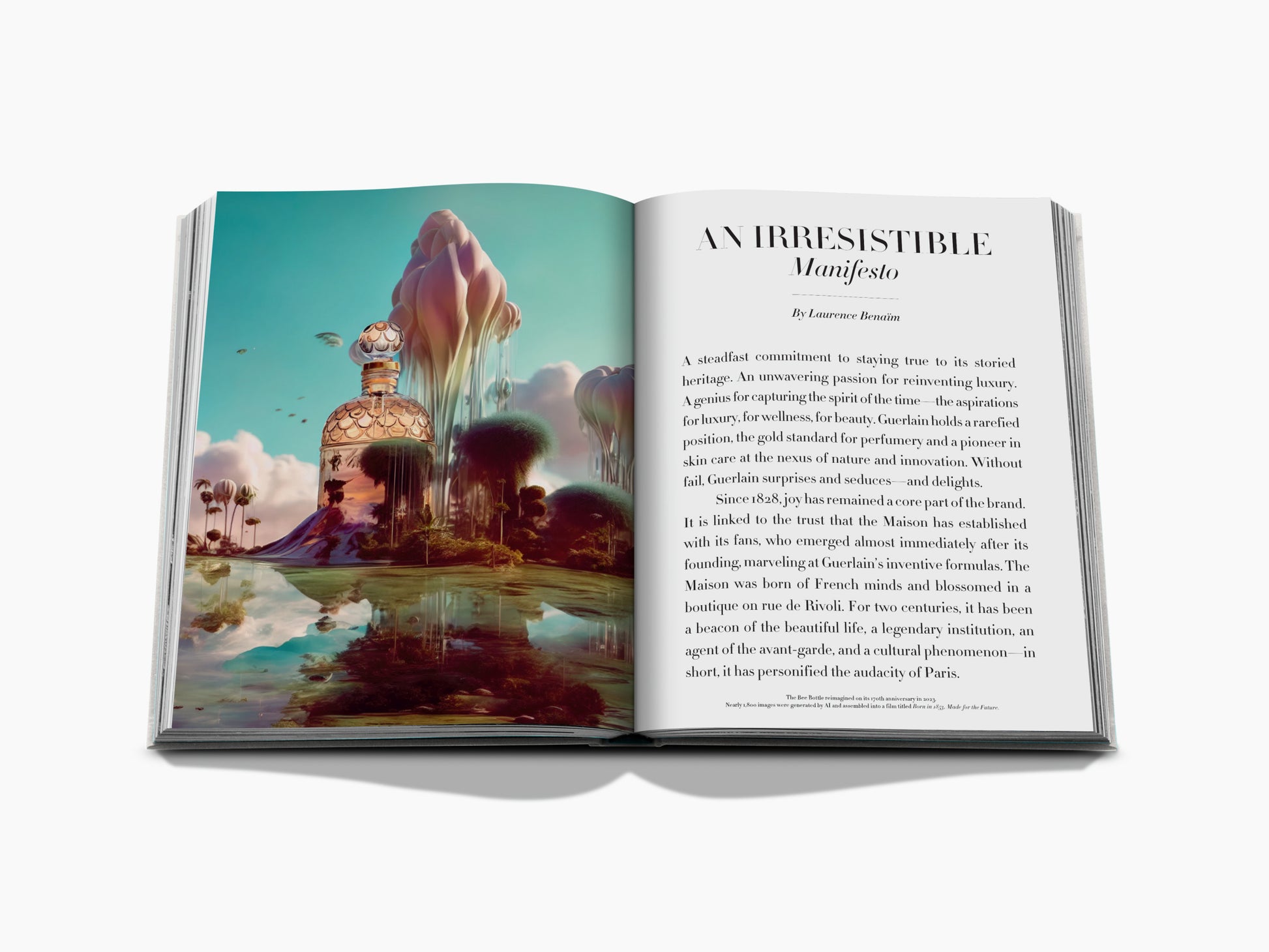 Colorful surreal Guerlain spread left with a perfume bottle landscape and right page titled AN IRRESISTIBLE Manifesto.