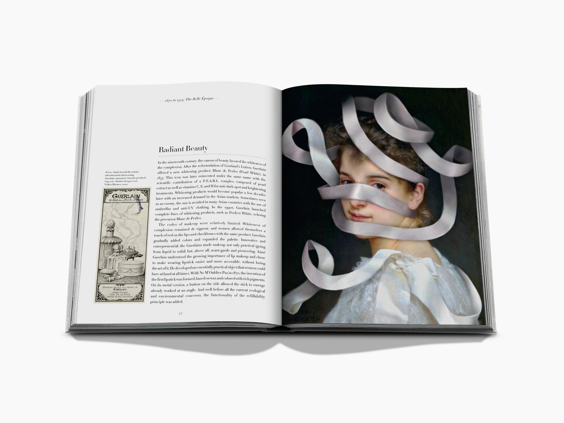 Open book spread featuring Radiant Beauty article on the left and a ribbon wrapped portrait on the right.