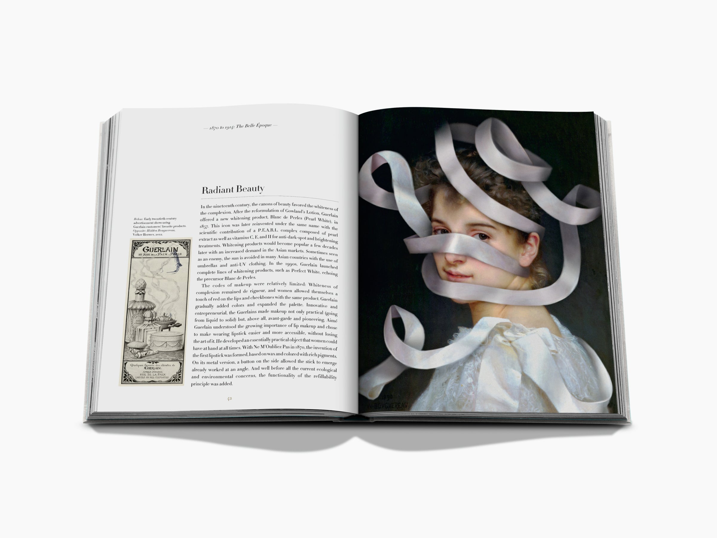 Open book spread featuring Radiant Beauty article on the left and a ribbon wrapped portrait on the right.