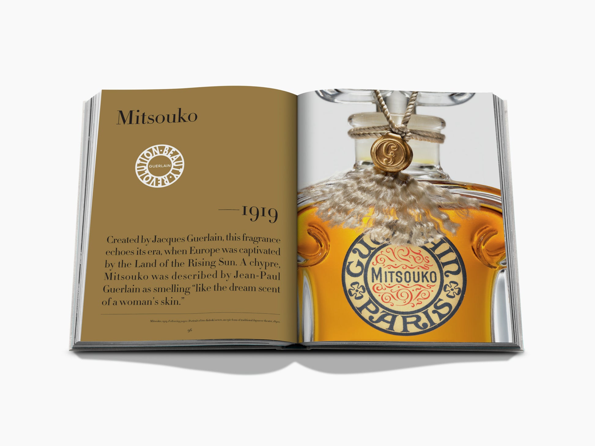 Mitsouko spread showing a brown left page with a Guerlain seal and a close-up bottle on the right.