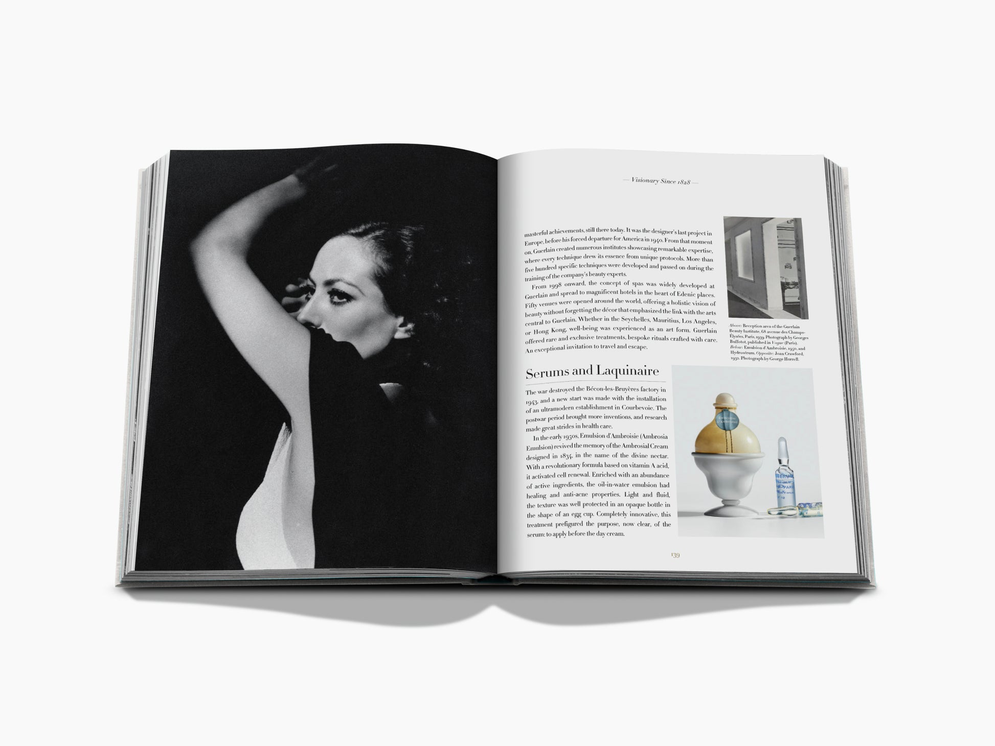 Open page spread with a dramatic black and white portrait on the left and text with small product images on the right.