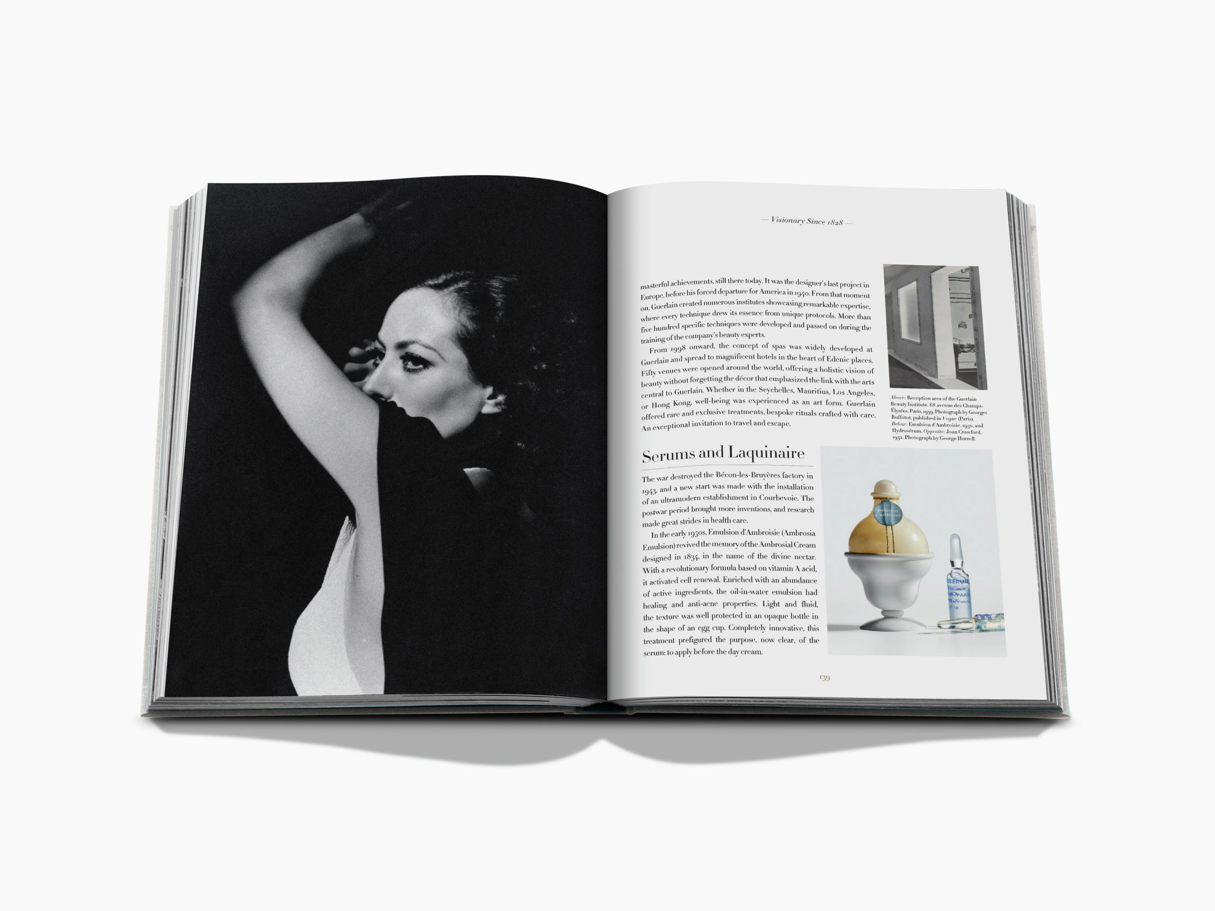 Open page spread with a dramatic black and white portrait on the left and text with small product images on the right.