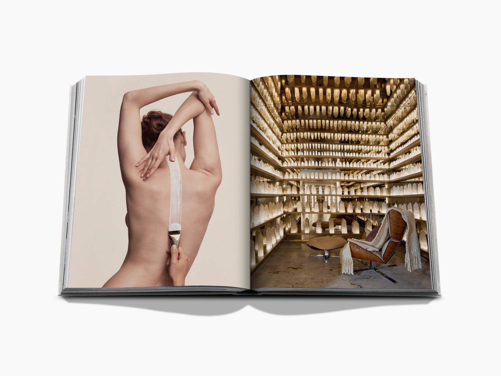 Open art book with a nude back being painted on the left page and a warm room of glass bottles on shelves with a chair on the right
