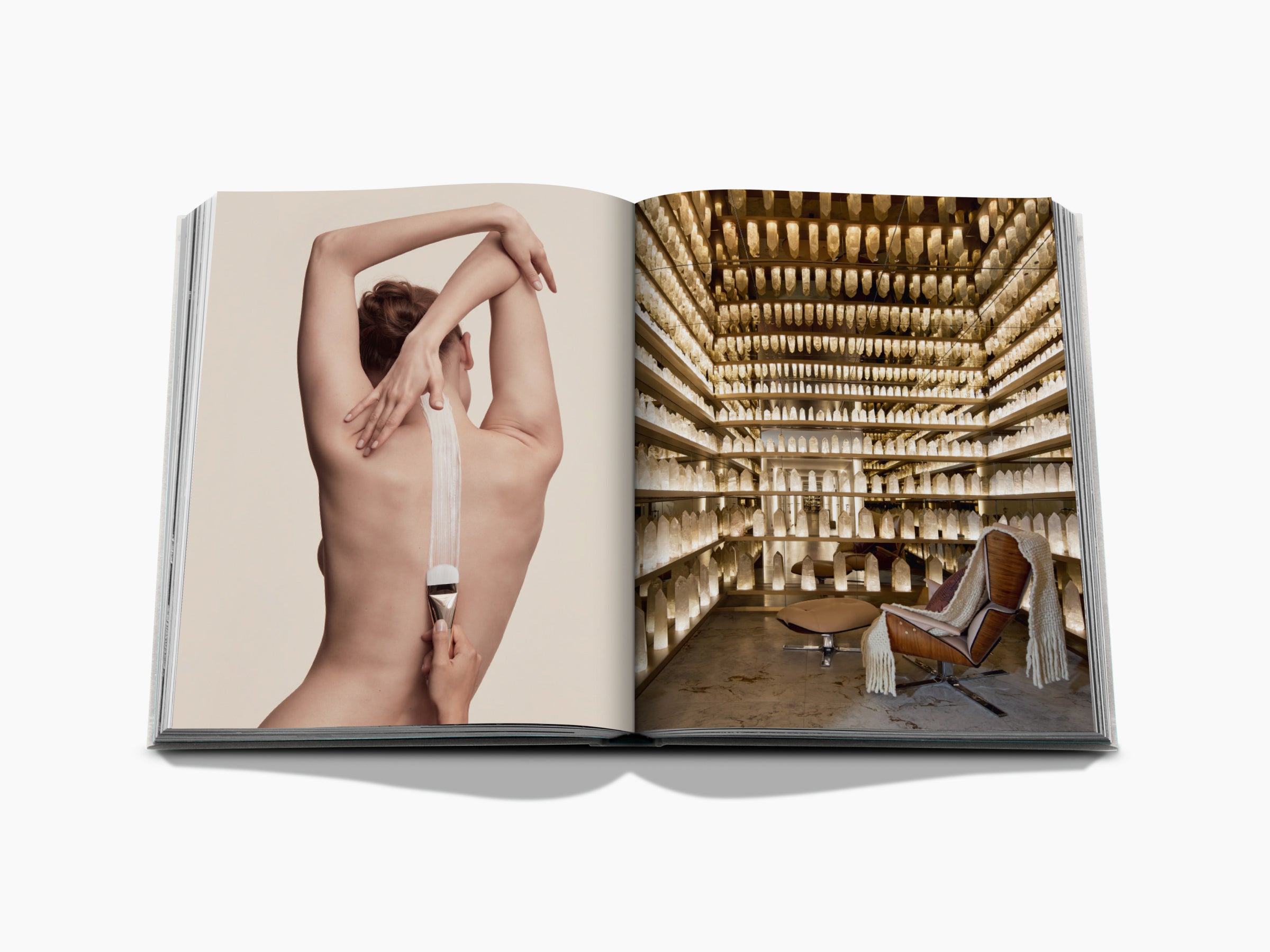 Open art book with a nude back being painted on the left page and a warm room of glass bottles on shelves with a chair on the right