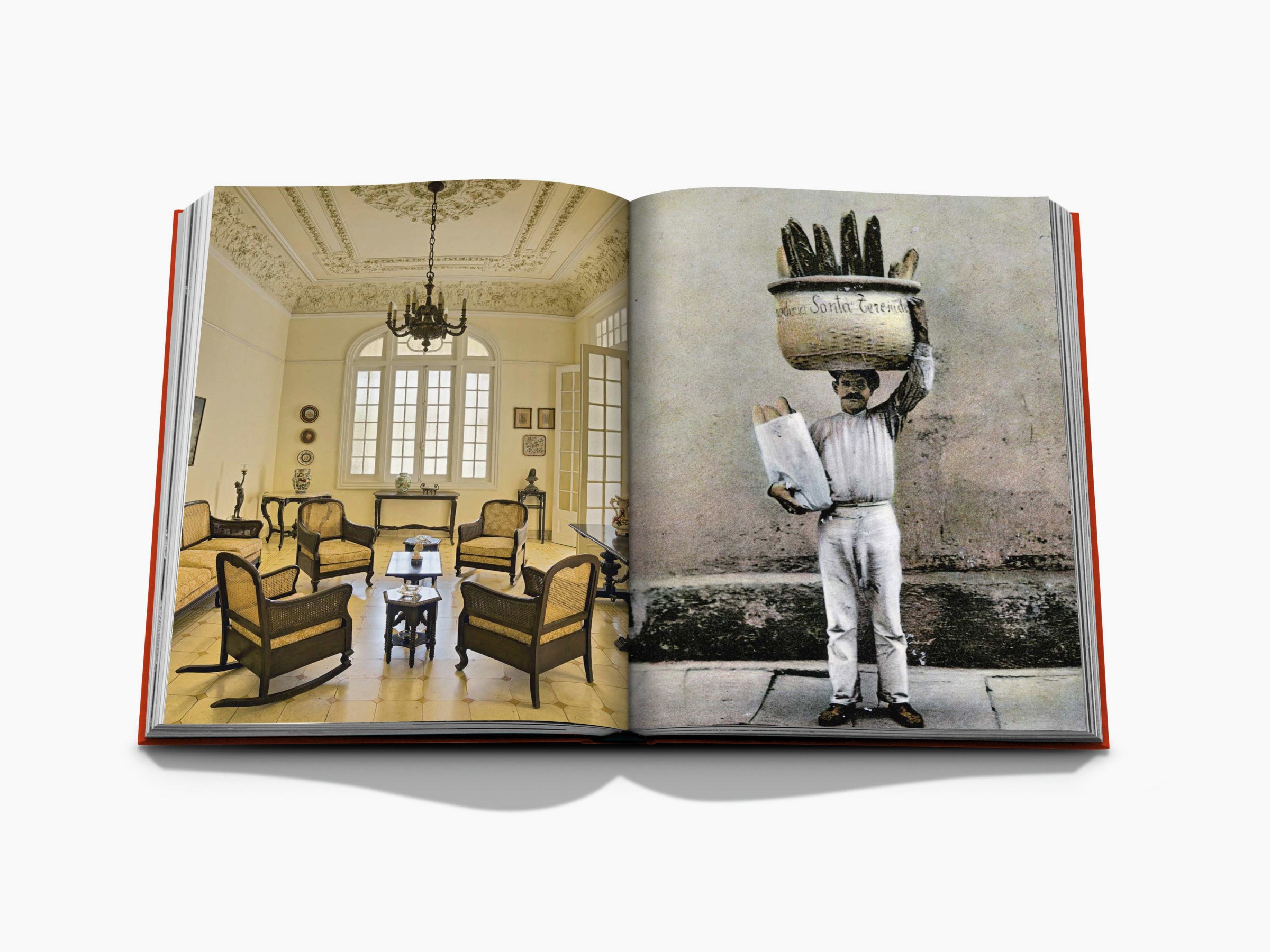 Open book spread showing a vintage elegant living room on the left and a man balancing a basket on his head on the right.