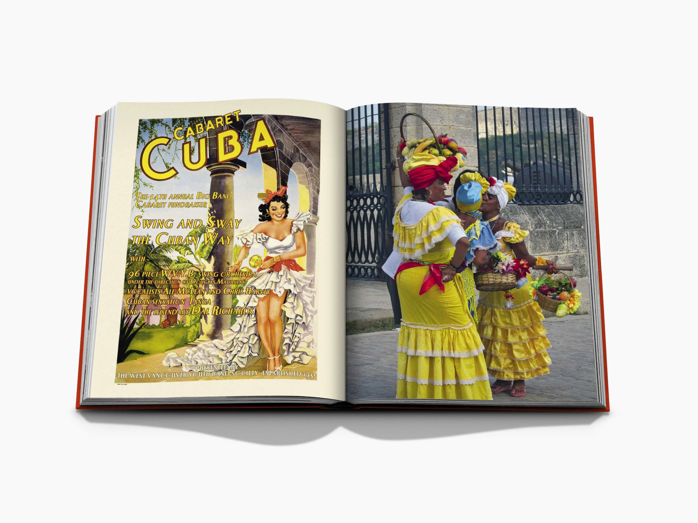 Open book spread featuring a vintage Cuba cabaret poster on the left and women in bright yellow dresses beside a gate on the right.