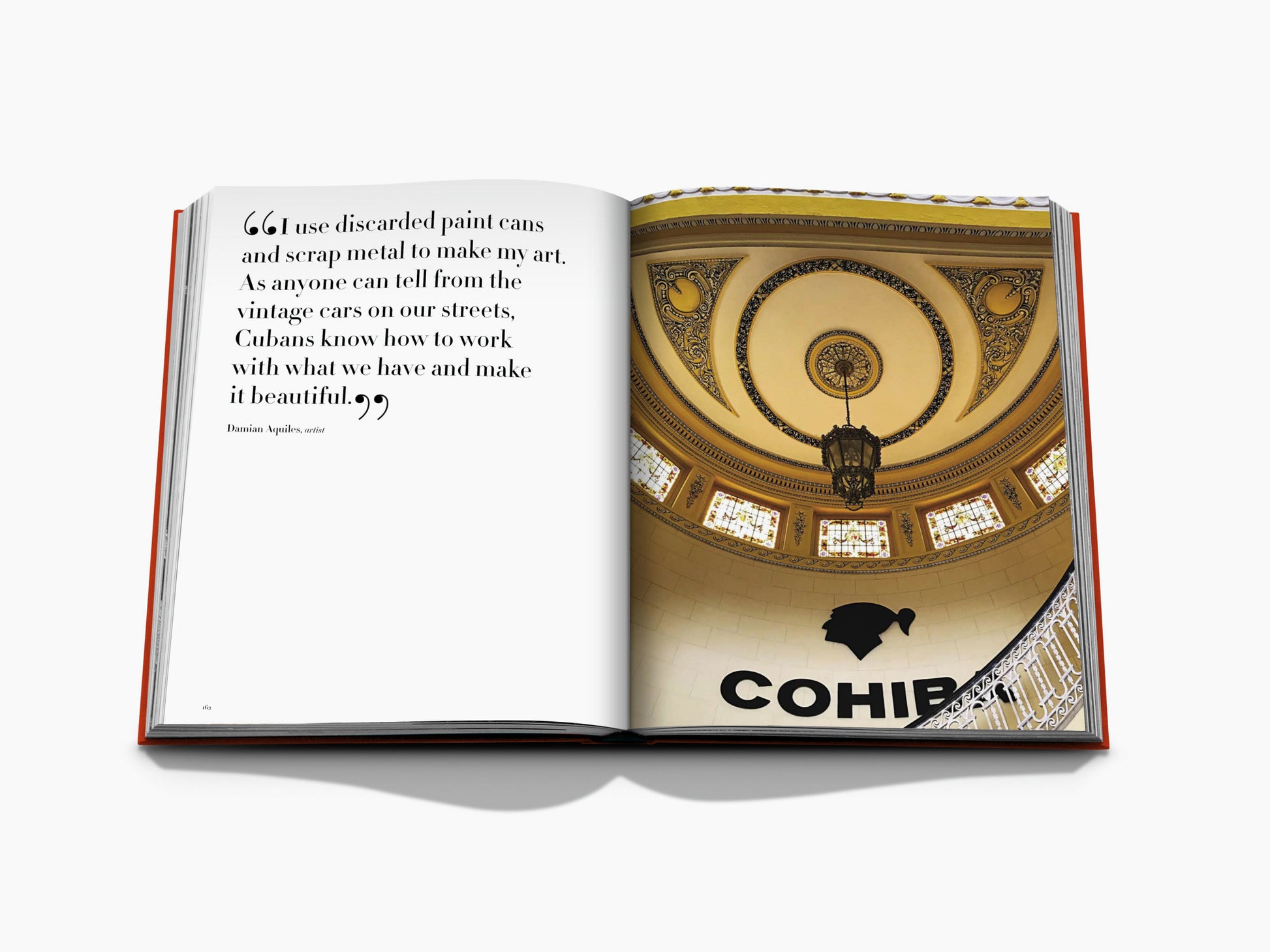 Two page spread with a large quote on the left and an ornate domed ceiling with a hanging lantern on the right, visible Cohiba sign