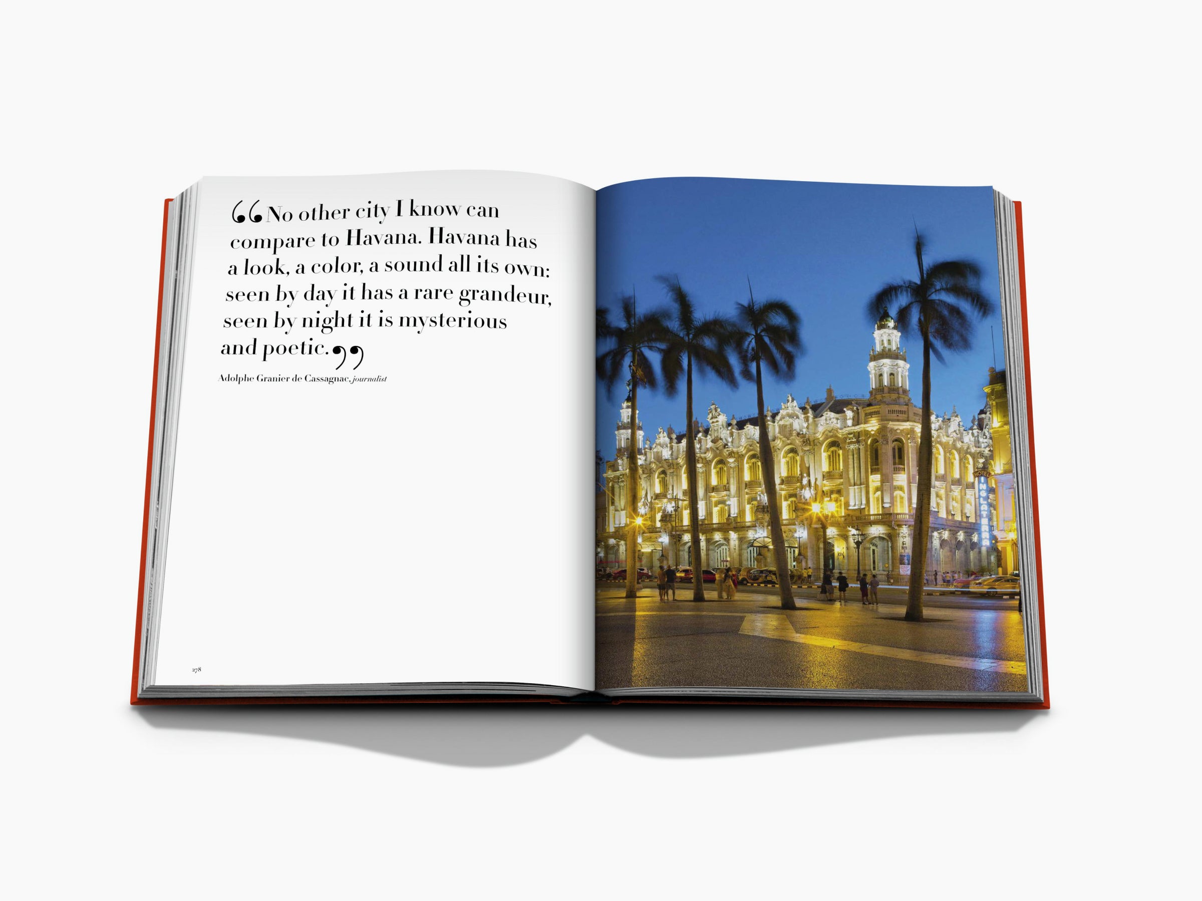 Open book featuring a large decorative quote on the left and a brightly lit ornate building with palm trees on the right.