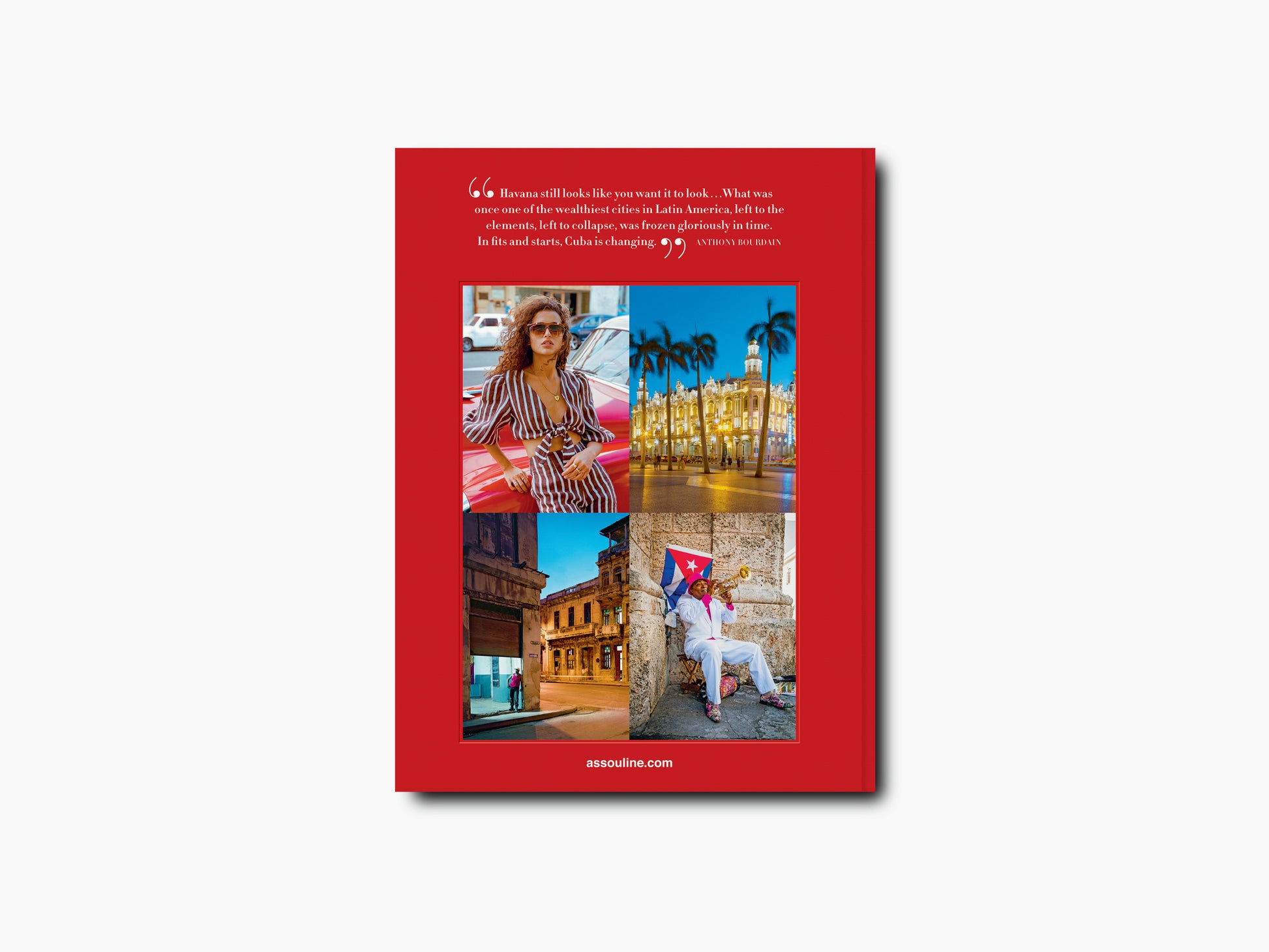 Havana Blues collage page with four Havana scenes including a woman by a car palm lined square old street and a man with a Cuban flag.