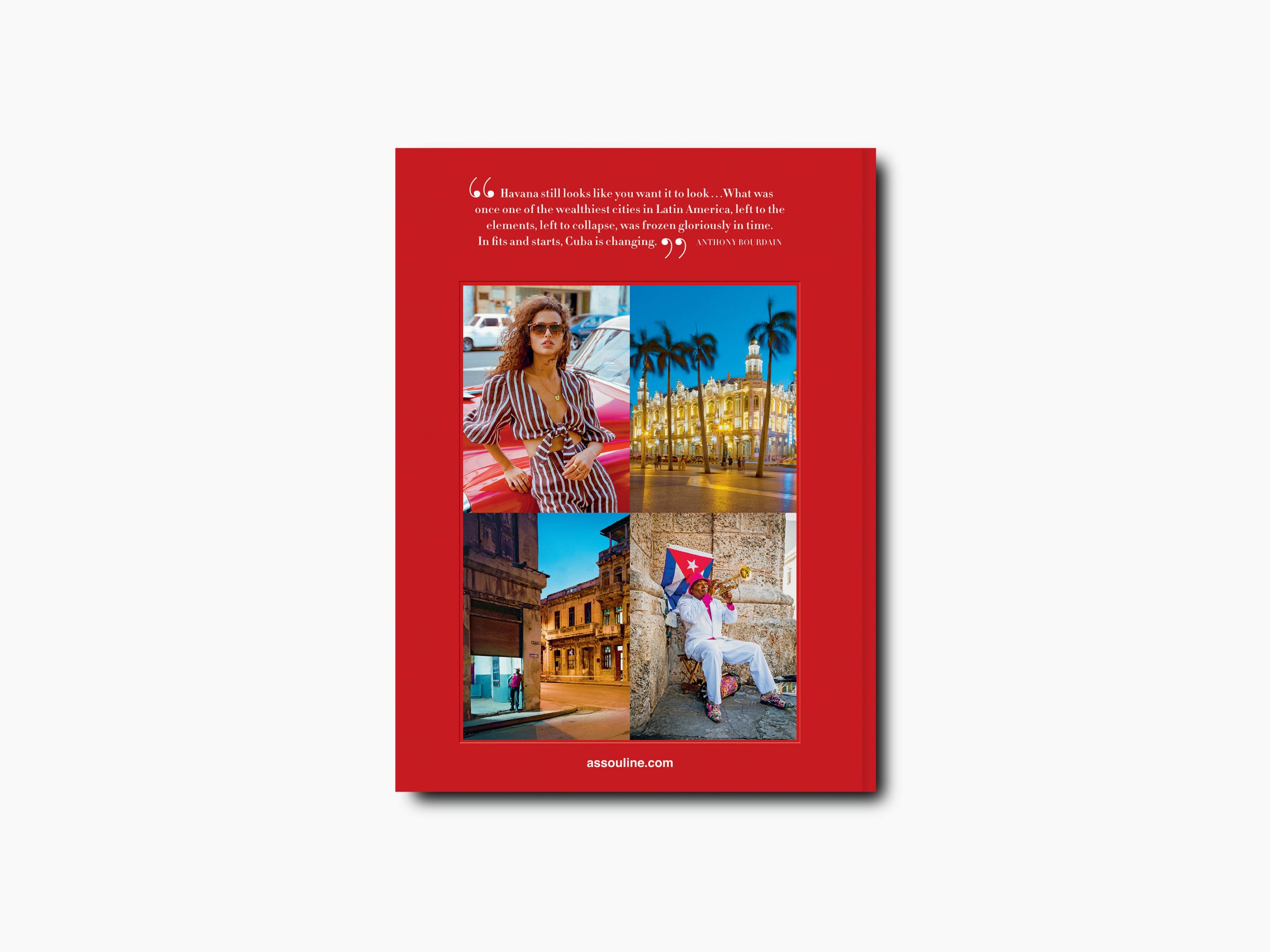 Havana Blues collage page with four Havana scenes including a woman by a car palm lined square old street and a man with a Cuban flag.