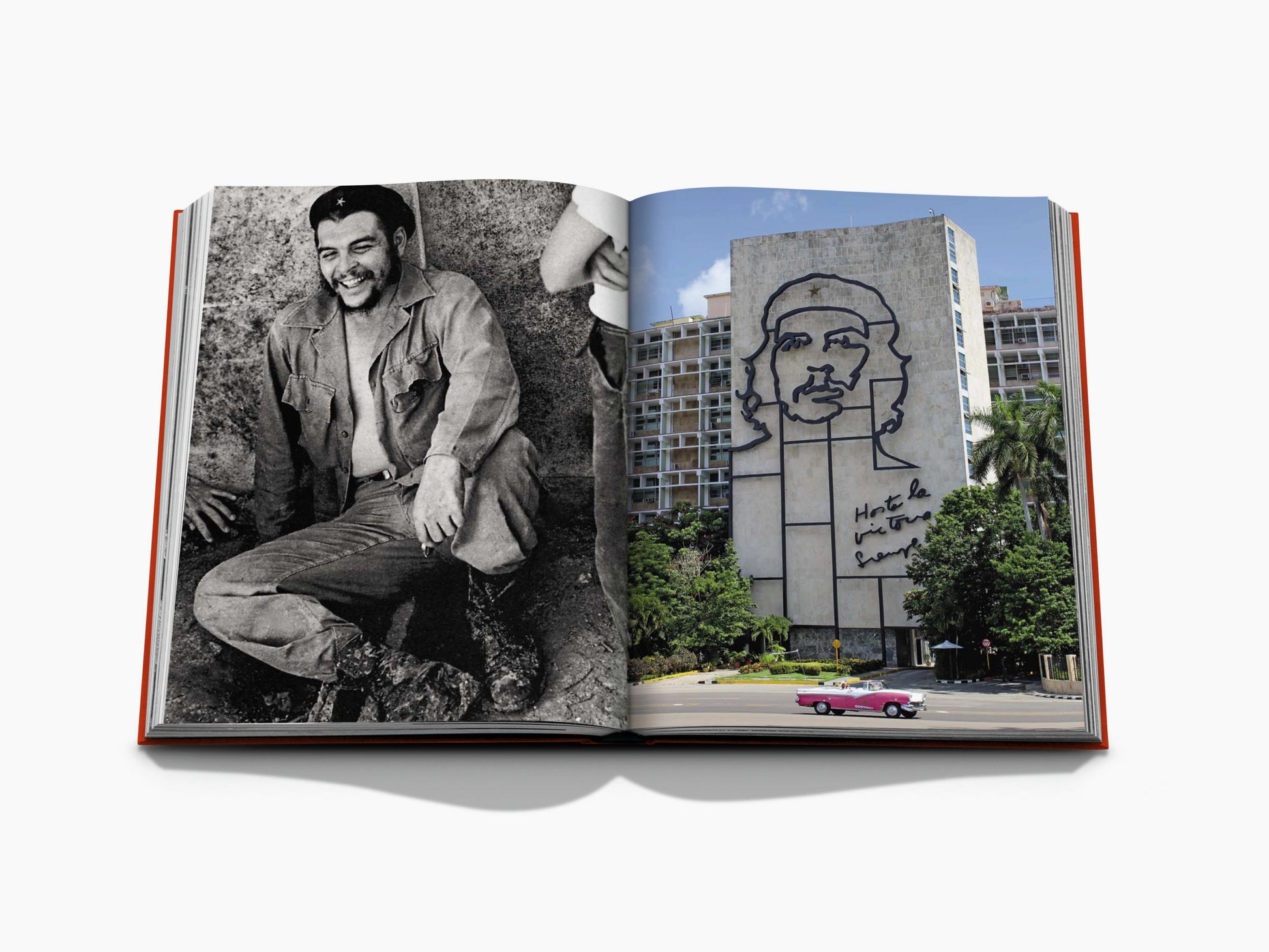 Open book spread with a black and white portrait on the left and a building mural on the right with a pink vintage car.