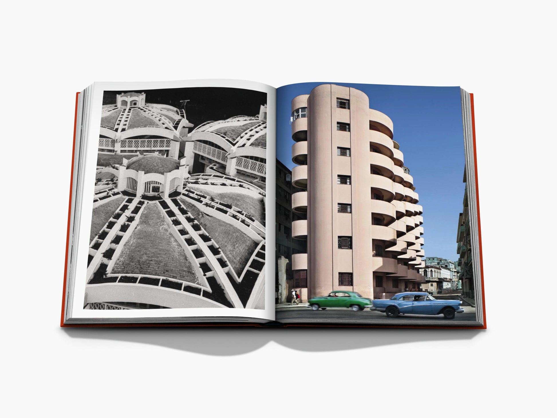 Open book showing a black and white geometric courtyard on the left and a pink curved Havana building on the right with vintage cars.