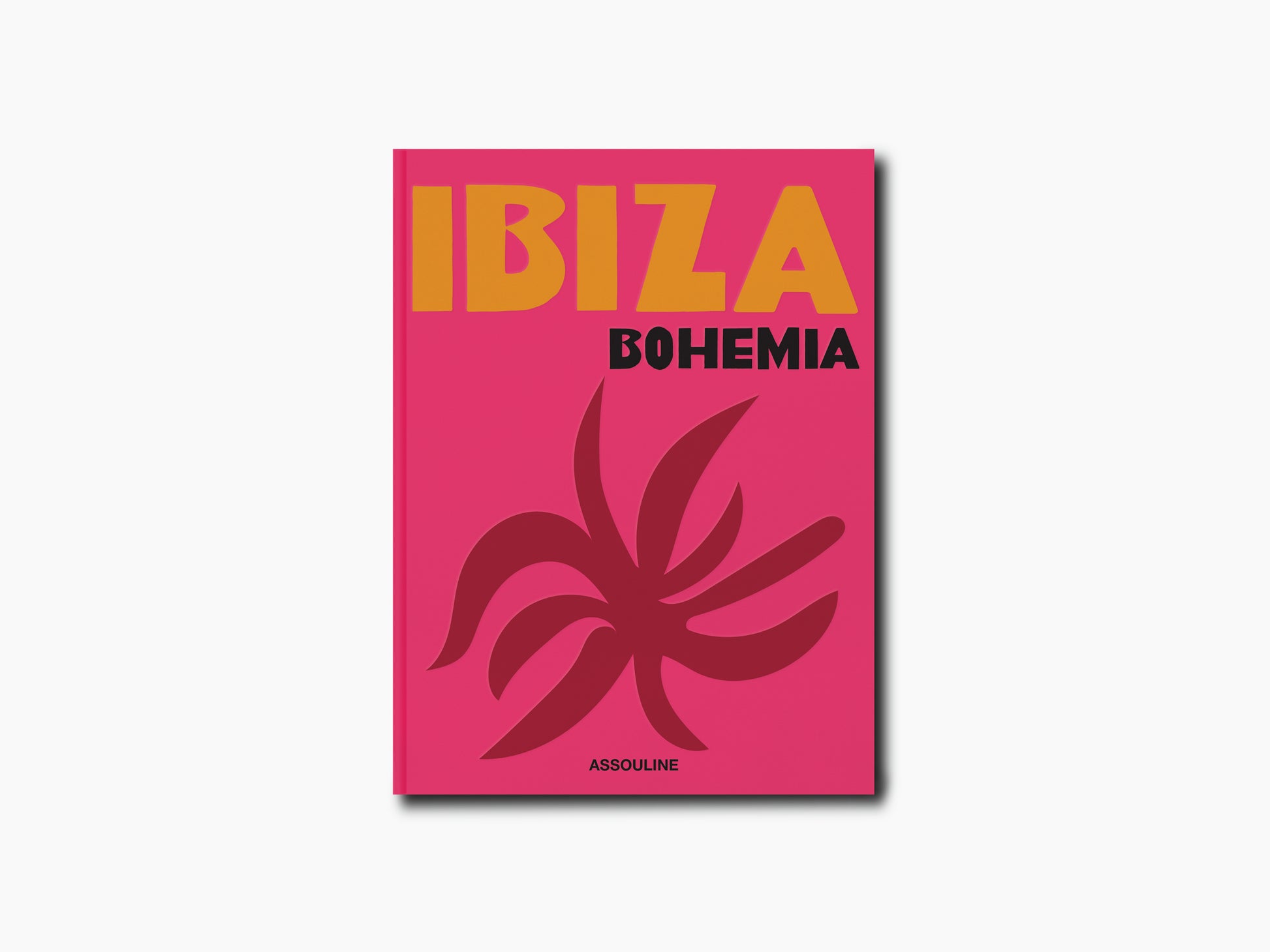 Ibiza Bohemia travel book cover in bright pink with bold orange title and palm graphic.