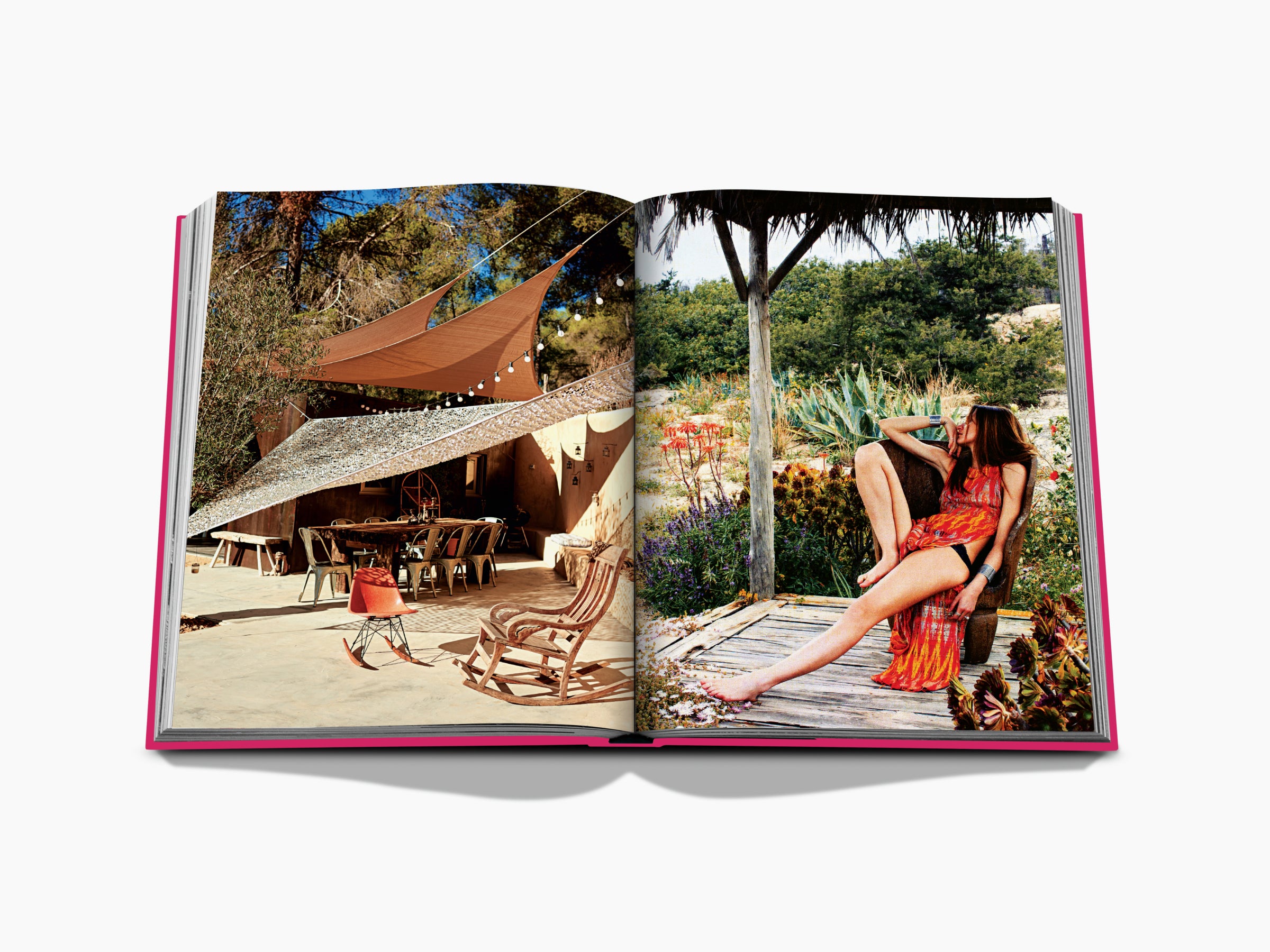 Open Ibiza Bohemia book spread showing a resort scene on the left and a woman in a red dress on the right