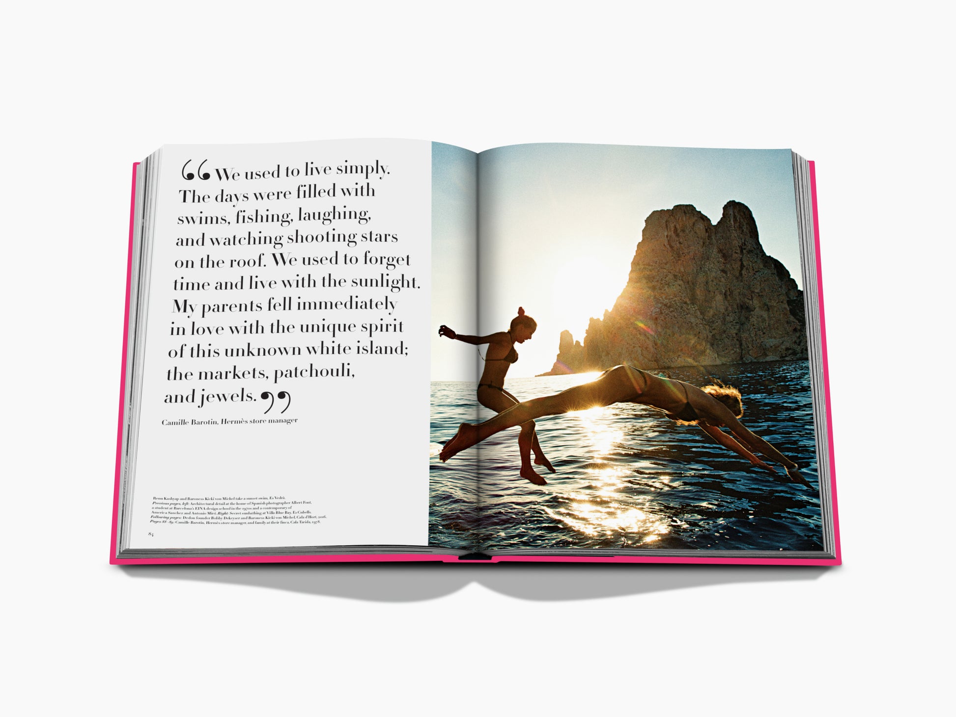 Open book spread with a large quote on the left and two people diving from a boat into the sunlit sea near a rocky island on the right.