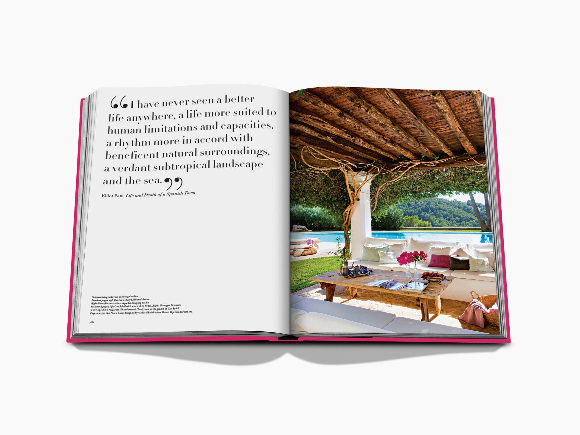 Open Ibiza Bohemia with a pink cover; left page features a large quote, right page shows a poolside lounge under a thatched roof