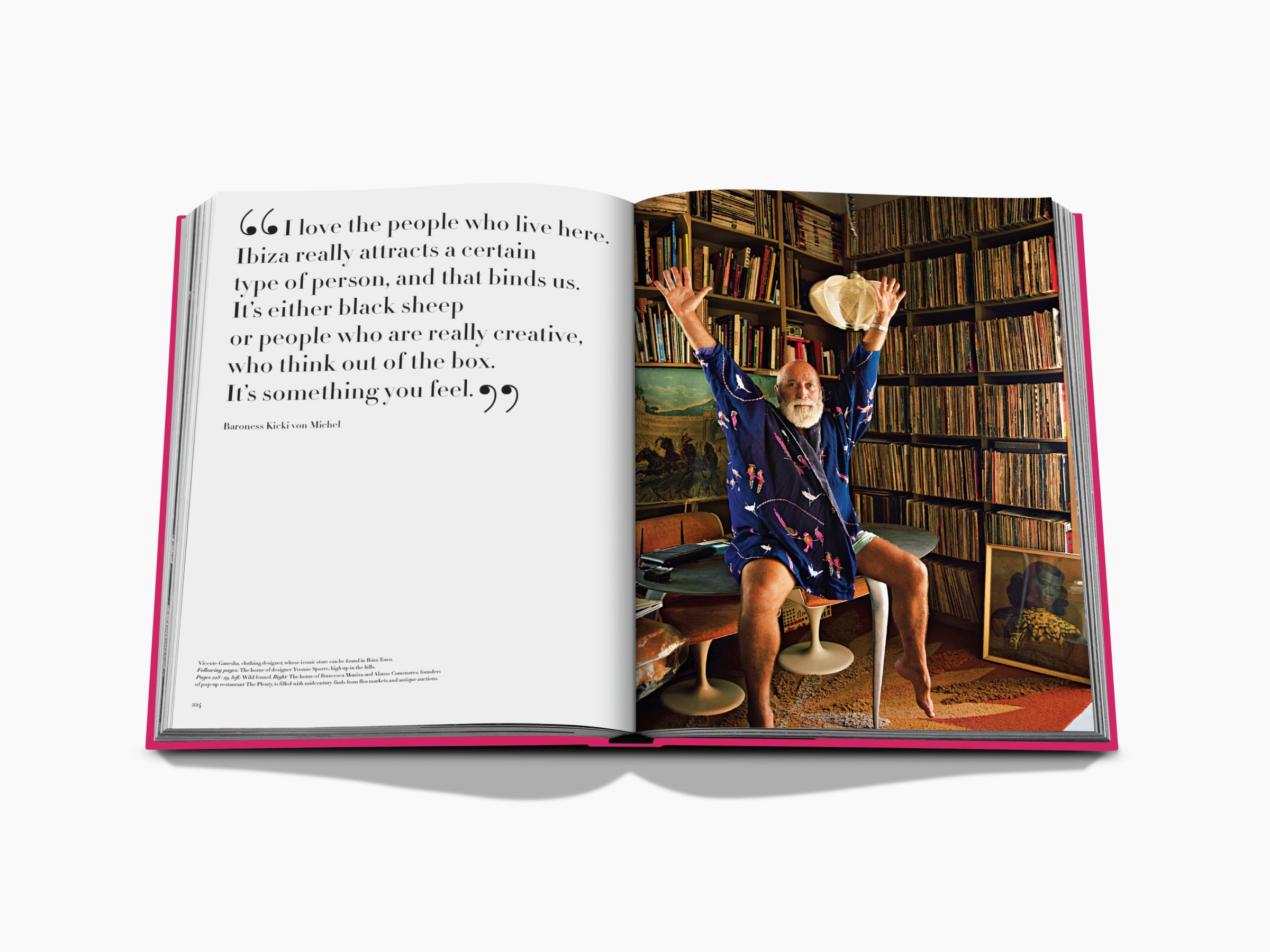 Open book spread with a quote on the left and a man in a blue robe raising his arms among vinyl record shelves on the right.