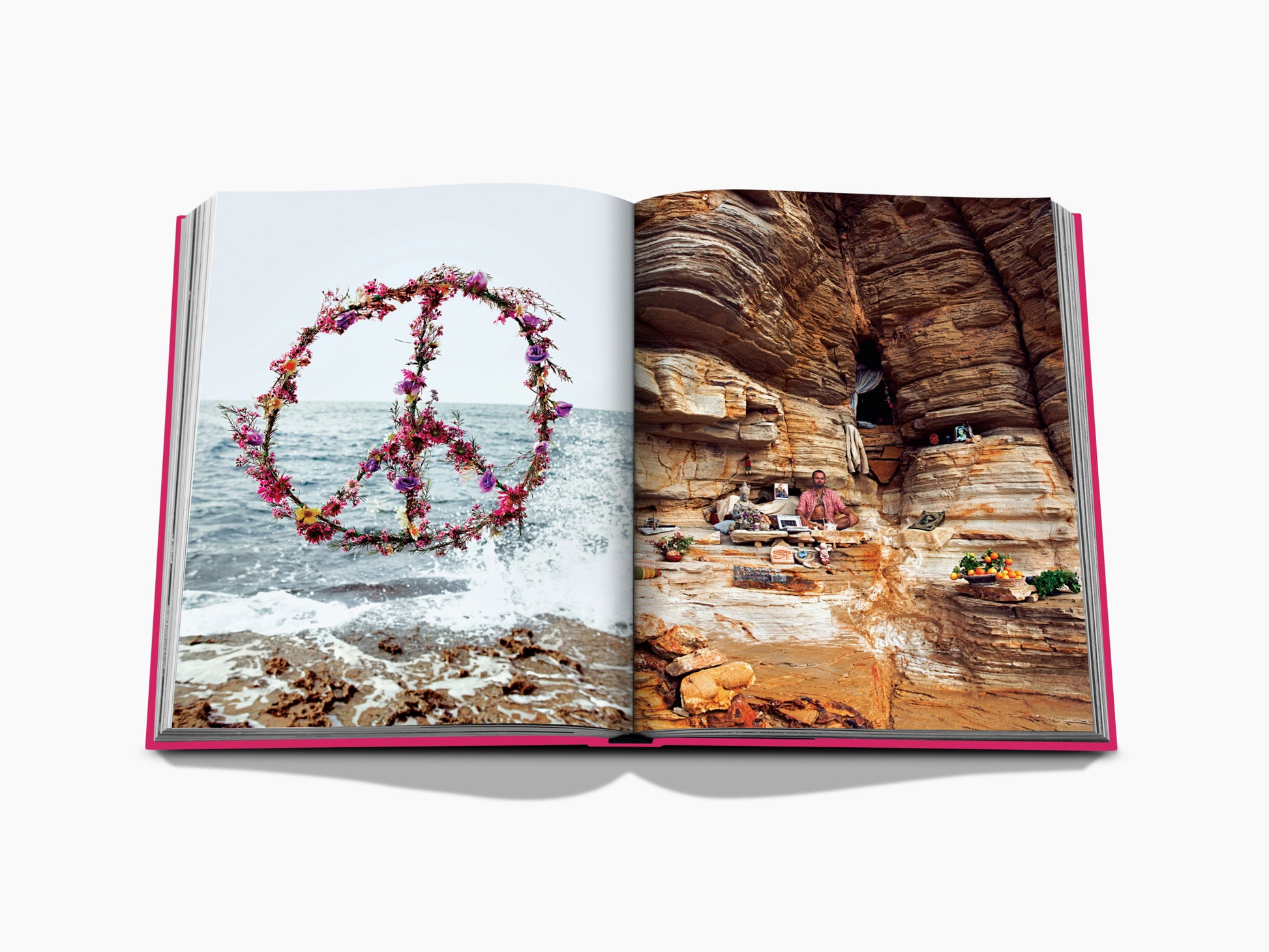 Spread from Ibiza Bohemia with a flower peace sign over the sea on the left and a rocky seaside market on the right