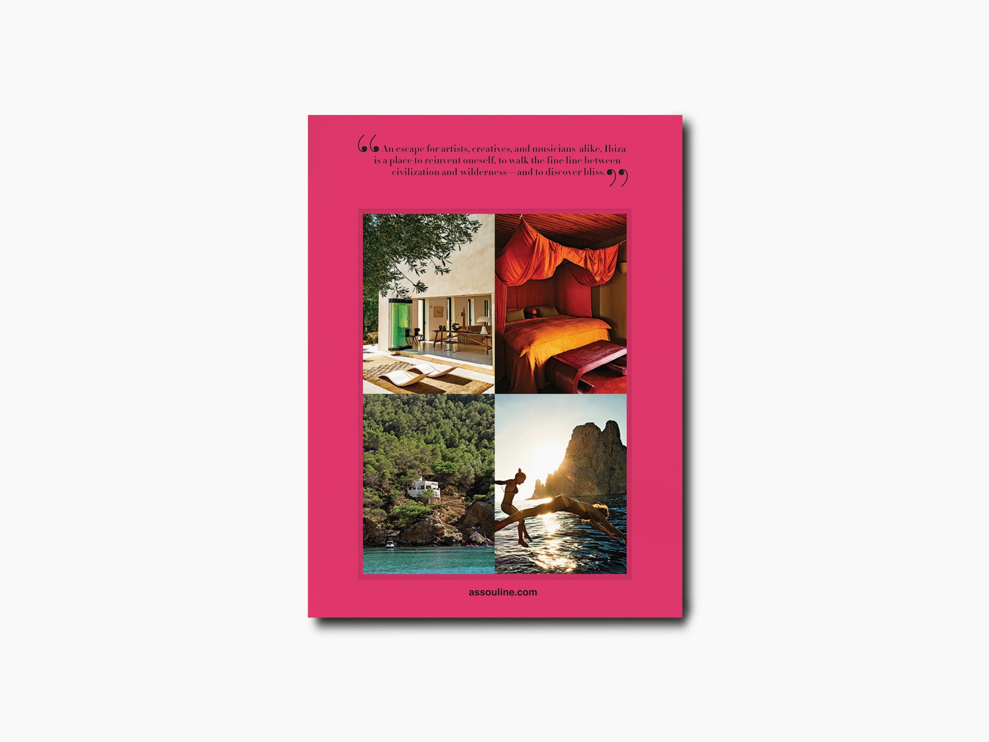Back cover of Ibiza Bohemia in pink with a four photo collage and a top quote