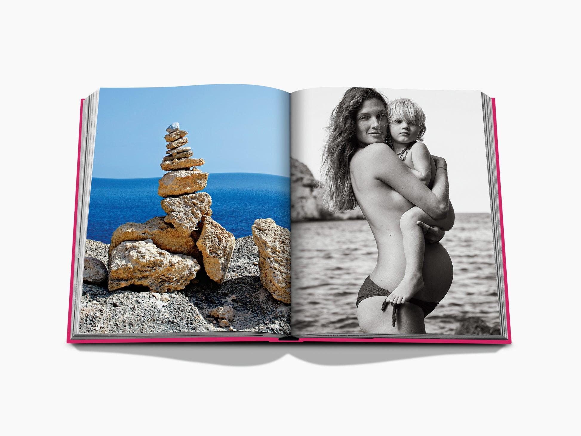 Open book spread for Ibiza Bohemia showing a stacked rock cairn at the sea on the left and a black and white mother with child on the right