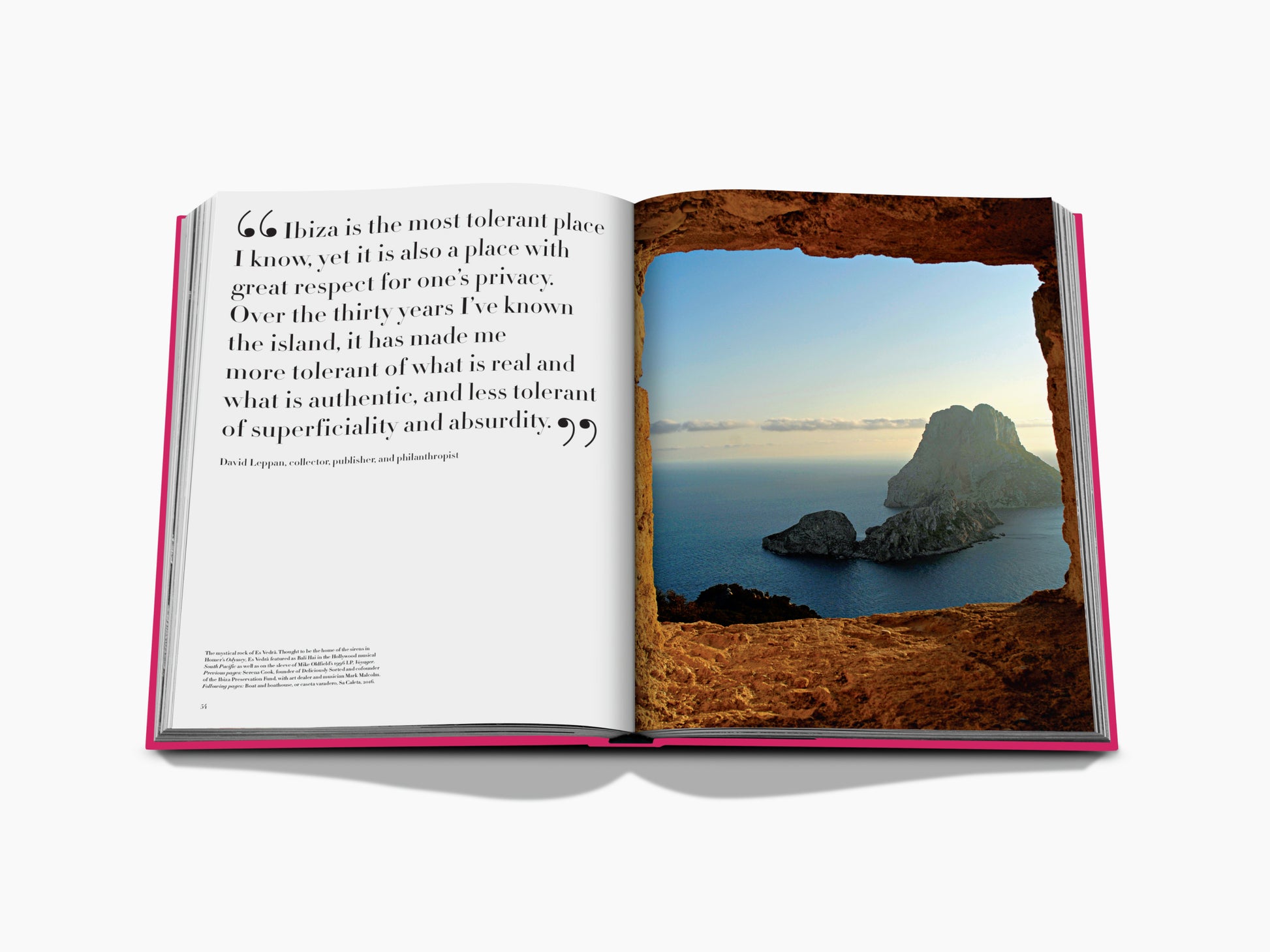Open Ibiza Bohemia book showing a quote on the left page and a coastal cliff framed by a rocky arch on the right page