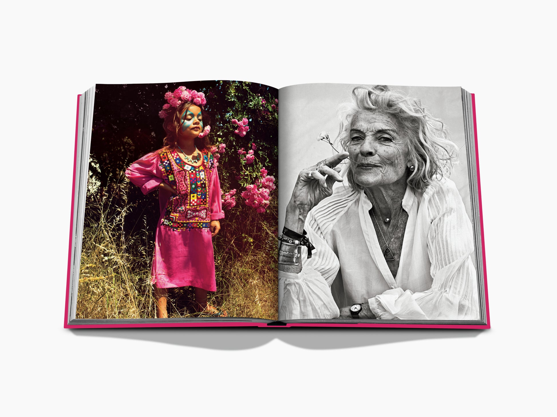Left page shows a girl in a bright pink embroidered dress and flower crown; right page a black and white portrait of an older woman smoking