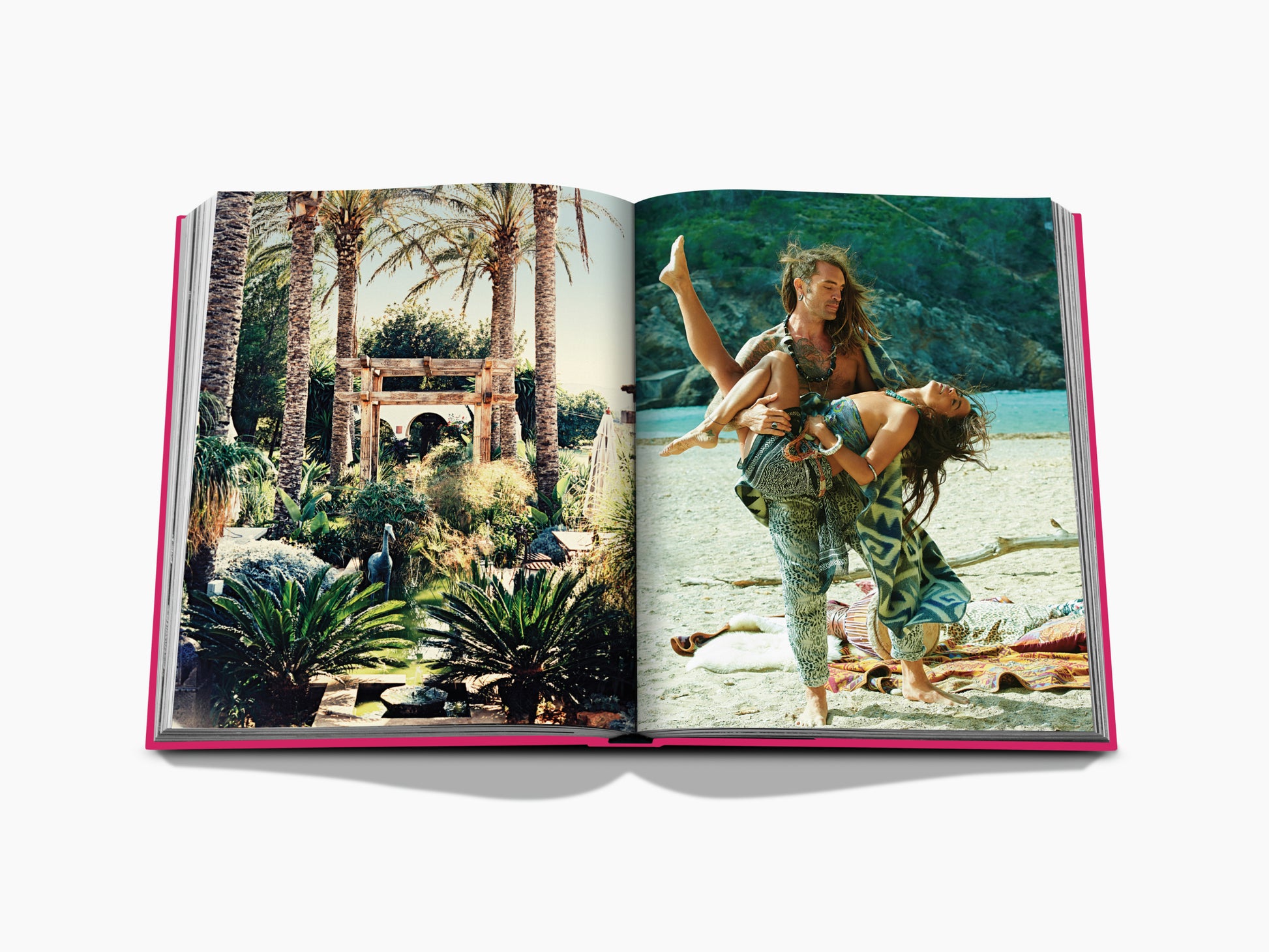 Spread from Ibiza Bohemia showing a lush palm garden on the left and a couple dancing on the beach on the right