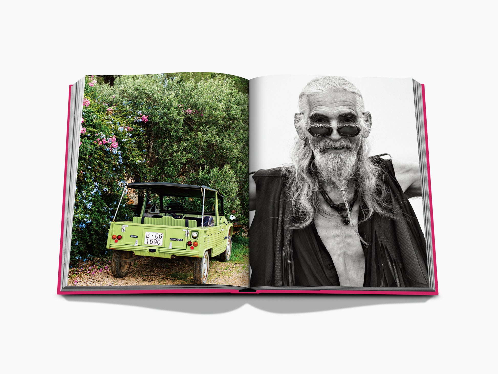 Open book spread with a lime green vintage off road car on the left and a black and white portrait of a bearded man with sunglasses on the right.