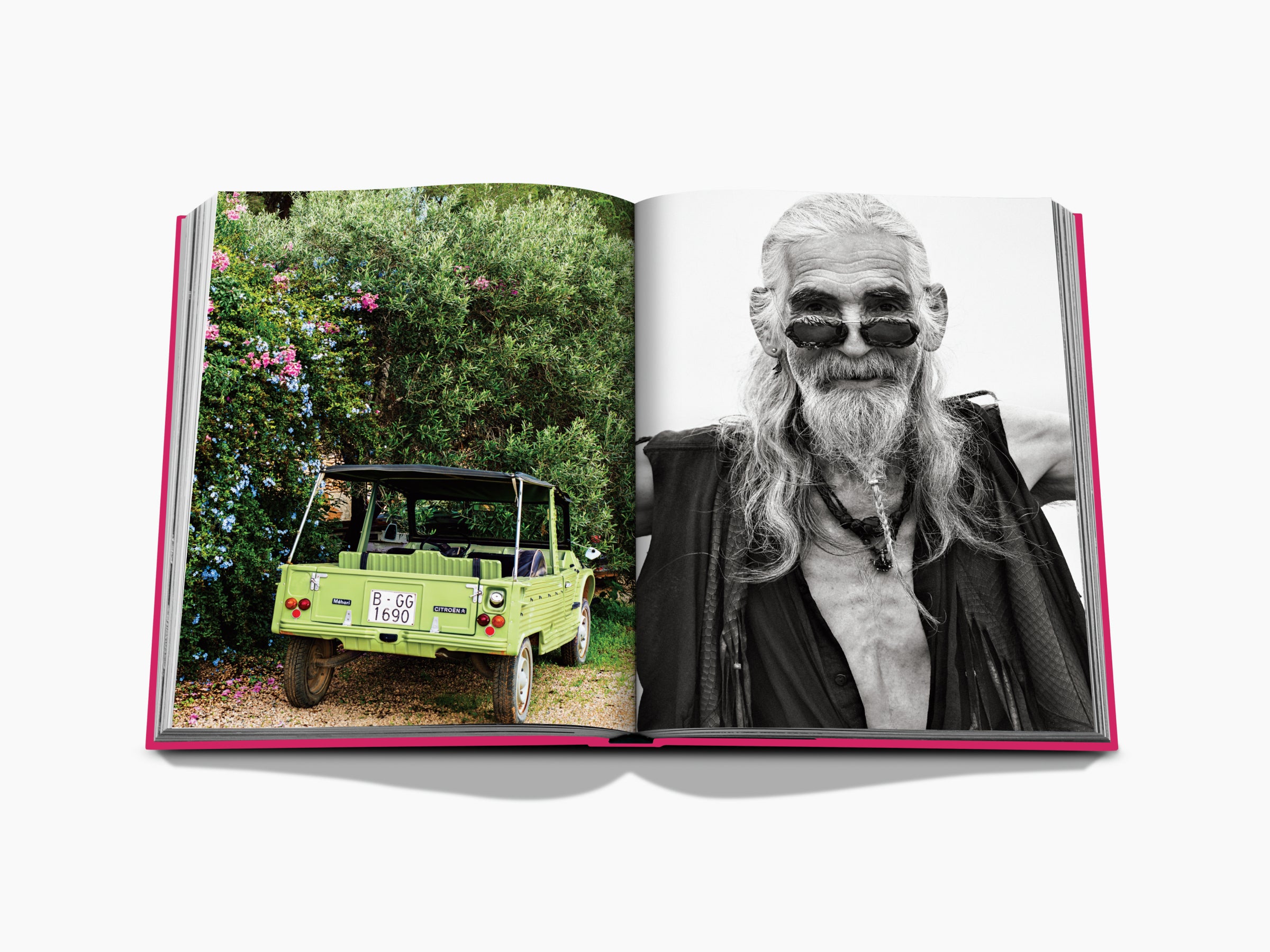 Open book spread with a lime green vintage off road car on the left and a black and white portrait of a bearded man with sunglasses on the right.