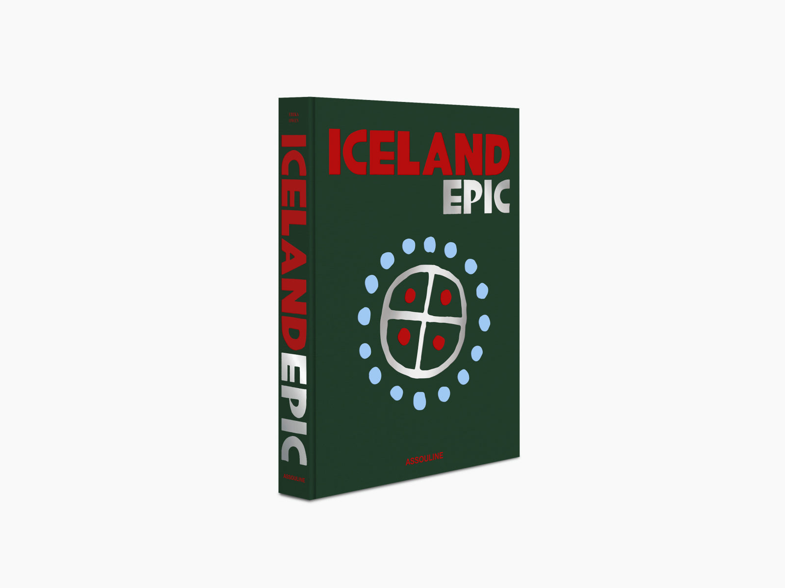 Side view of the Iceland Epic hardcover showing a red vertical title along a dark green spine.