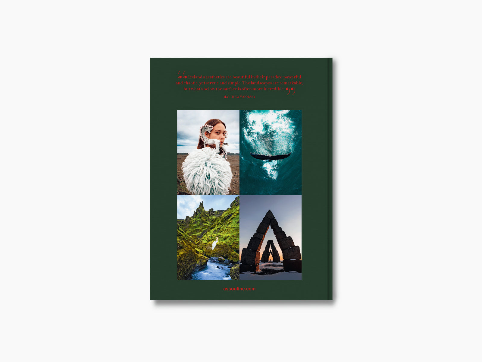 Dark green page with a four image collage of Icelandic scenes, a red quote at the top and assouline.com at the bottom.
