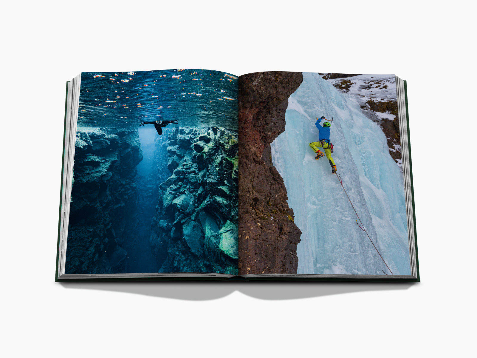 Two-page spread showing an underwater blue ice cave with a diver on the left and a climber on a frozen waterfall on the right
