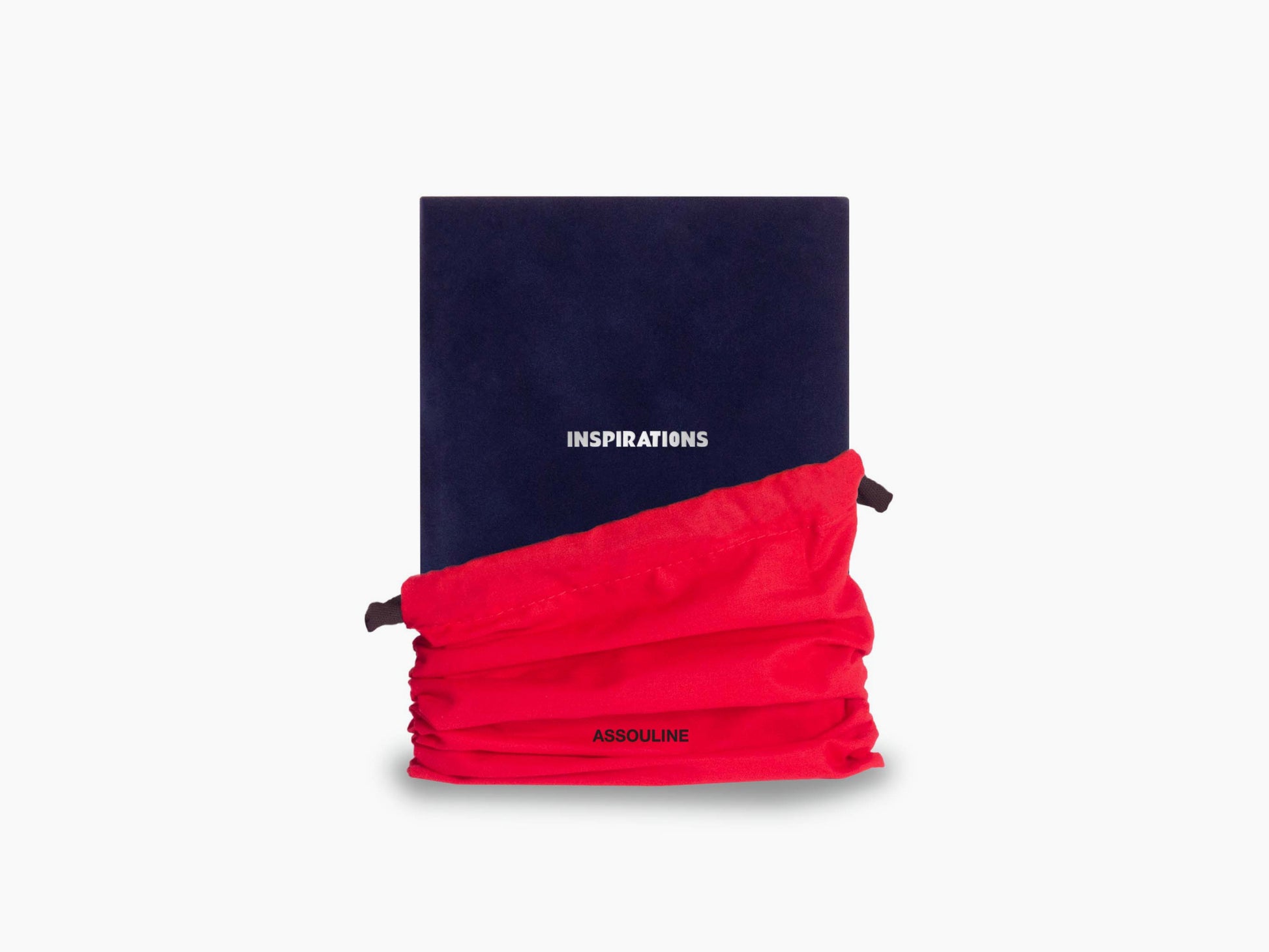 Navy Inspirations notebook wrapped in a bright red fabric sleeve, with INSPIRATIONS title visible.