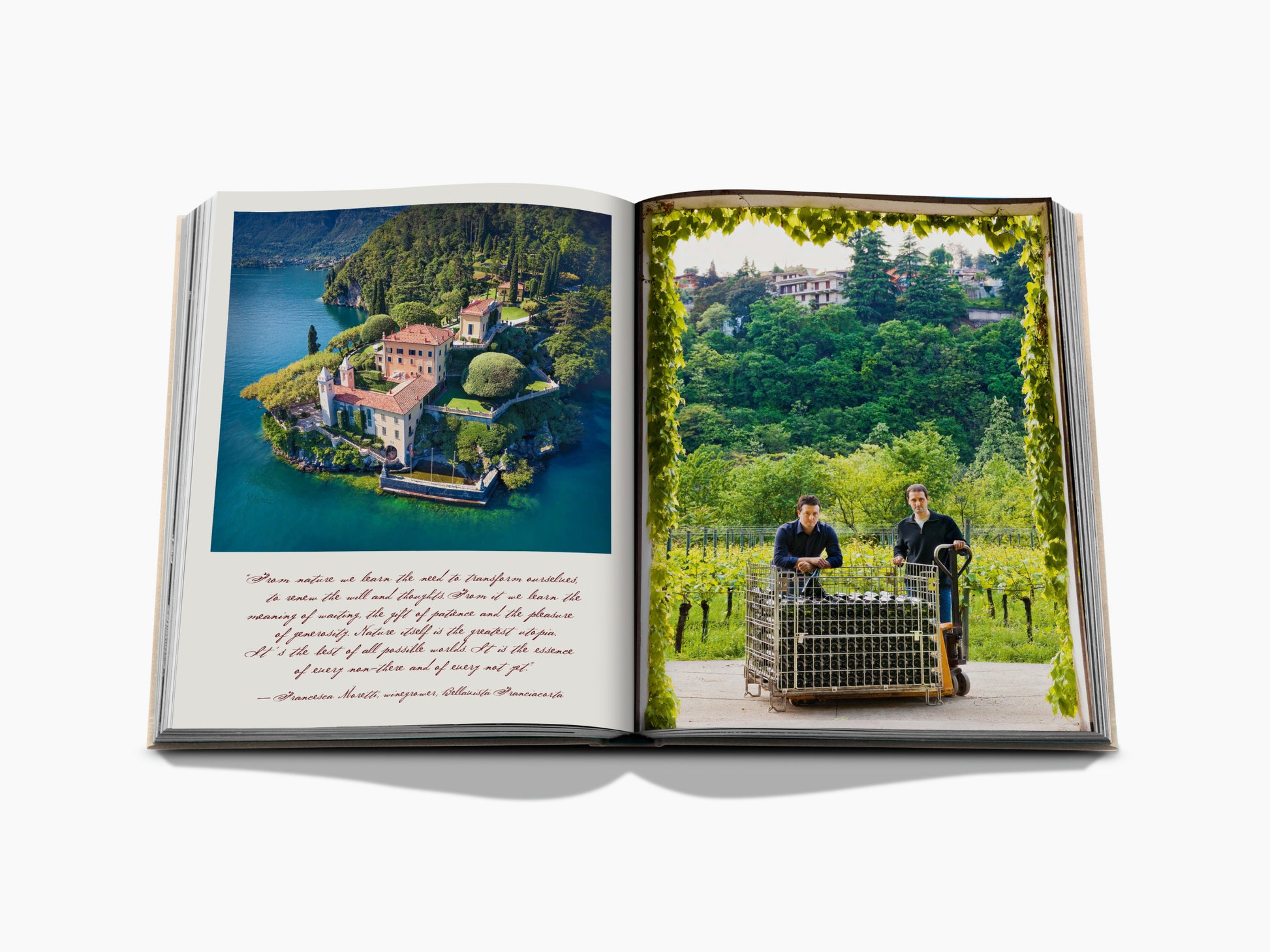 Open book spread with an aerial shot of a coastal island villa on the left and two workers with a grape crate in a vineyard on the right.