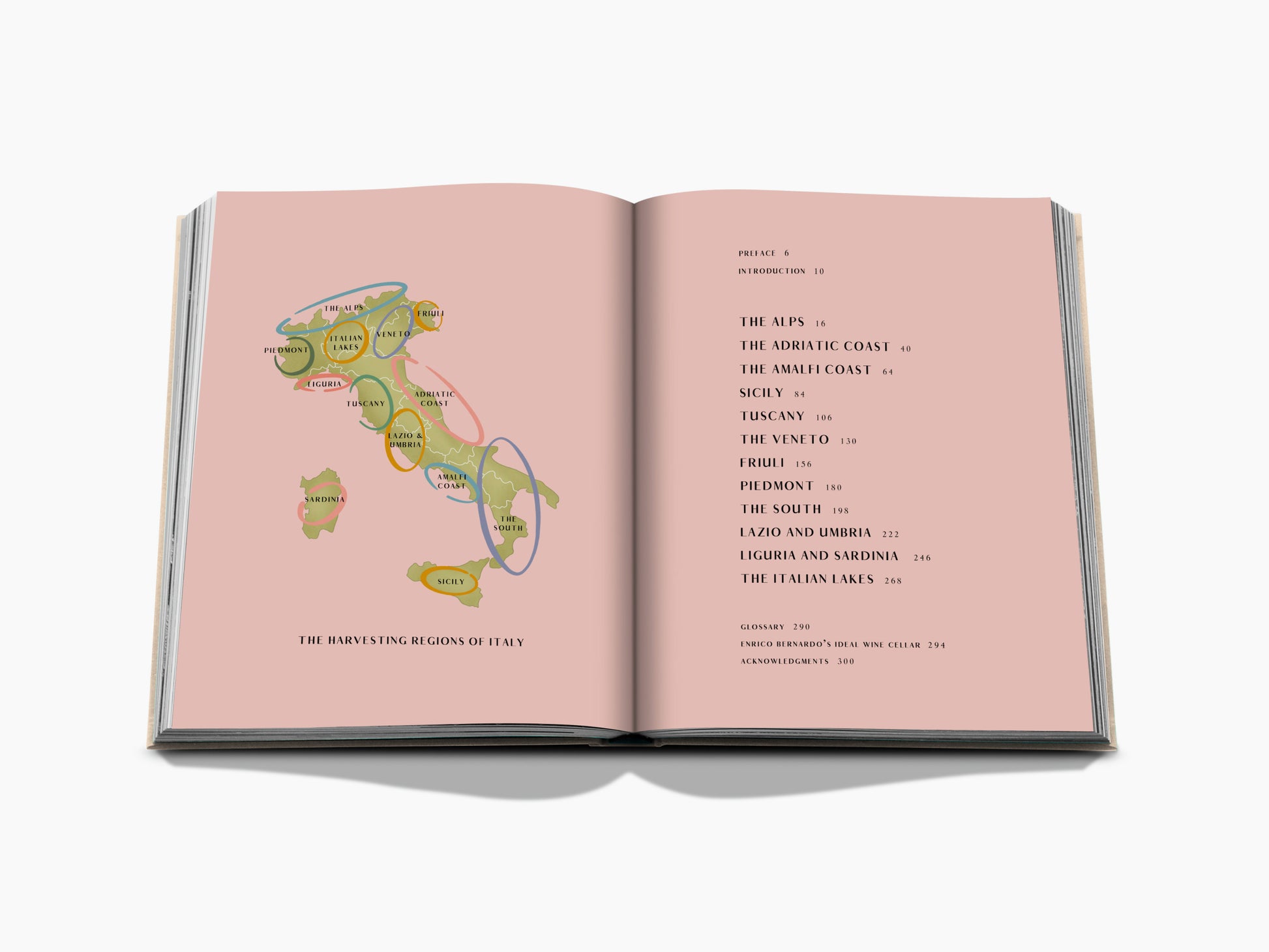 Open book spread showing a map of Italy’s harvesting regions on pink pages.