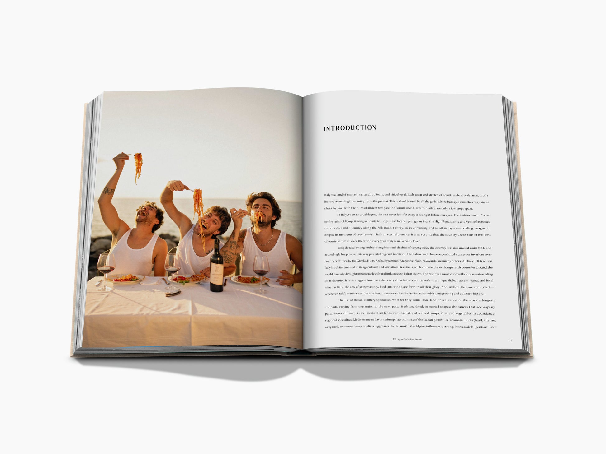 Three men toast with wine at a seaside table while the opposite page shows introduction text.