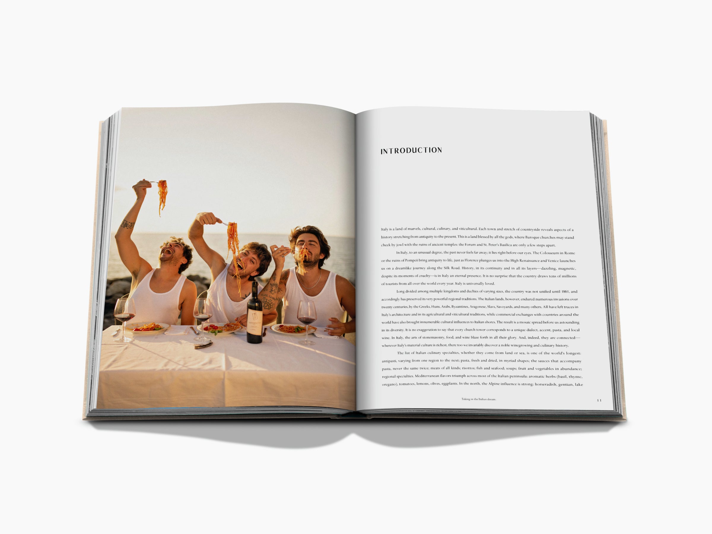 Three men toast with wine at a seaside table while the opposite page shows introduction text.