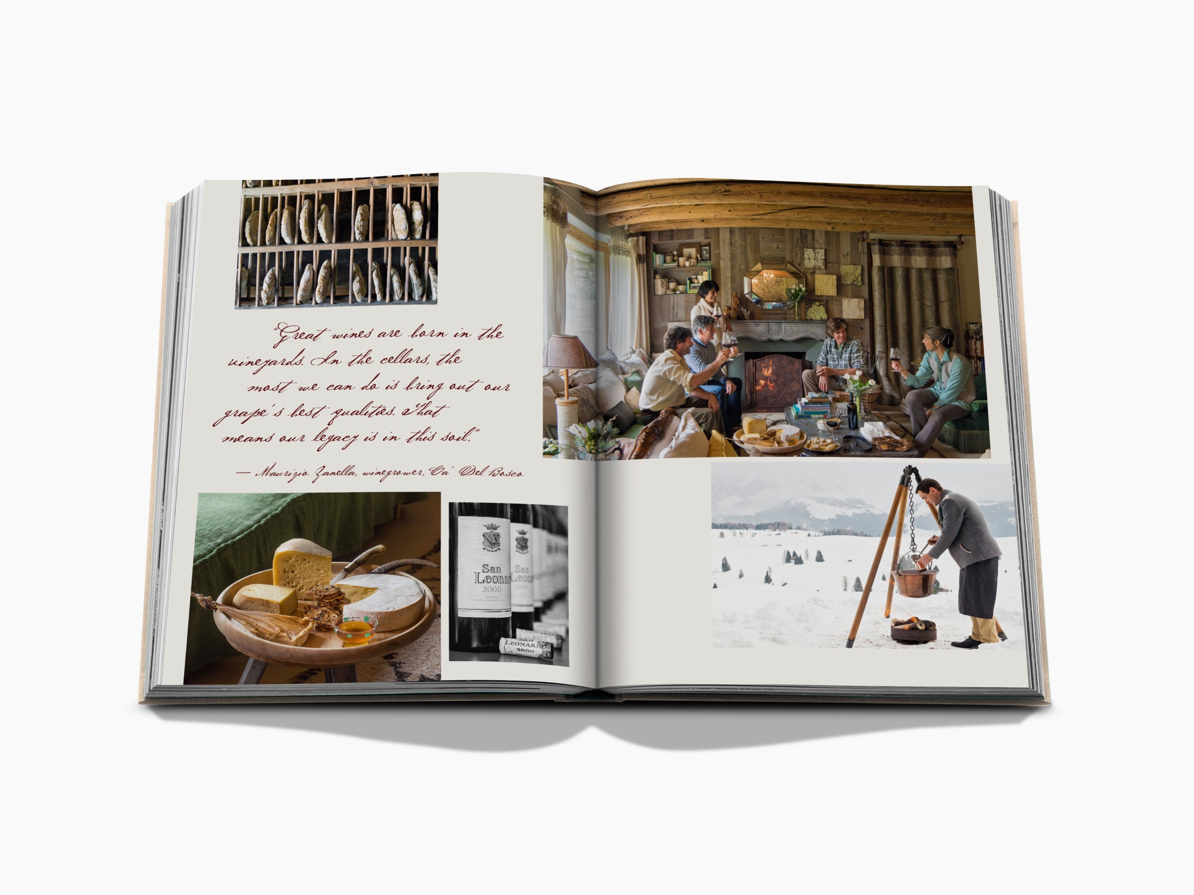 Two page spread featuring a wine cellar collage with cheese, bottles, a group by the fireplace, and a winter outdoor scene