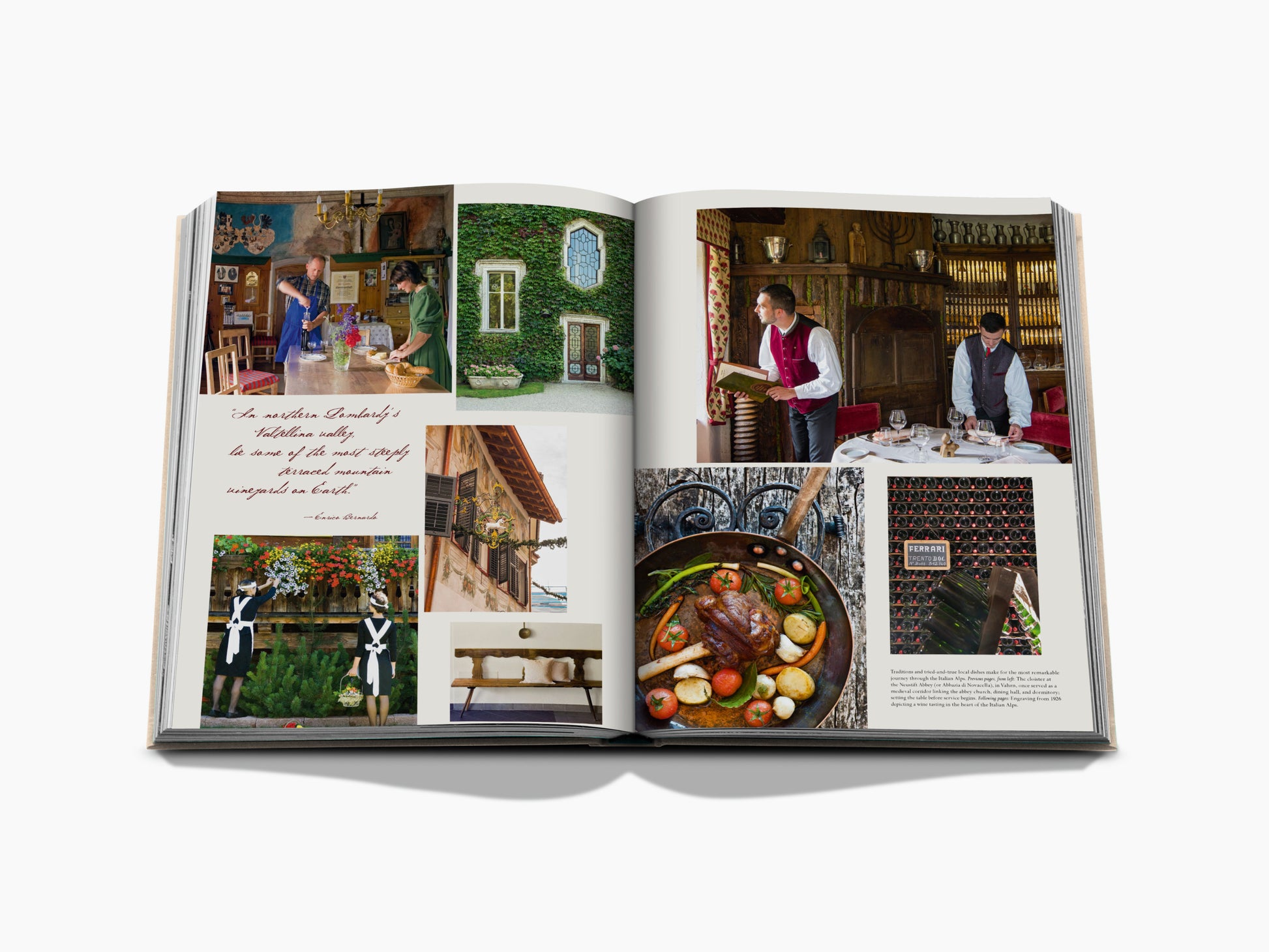Collage spread of Italian wine country scenes including a kitchen, ivy covered villa, handwritten note, and a dining room