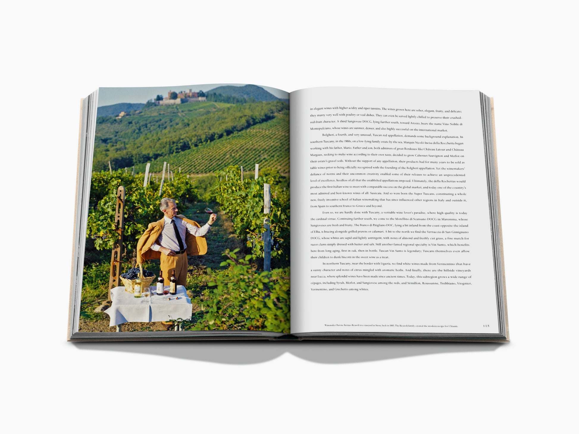 Open spread from Wine Travel Italy showing a vineyard scene with a man in a tan suit beside a wine display on the left and text on the right
