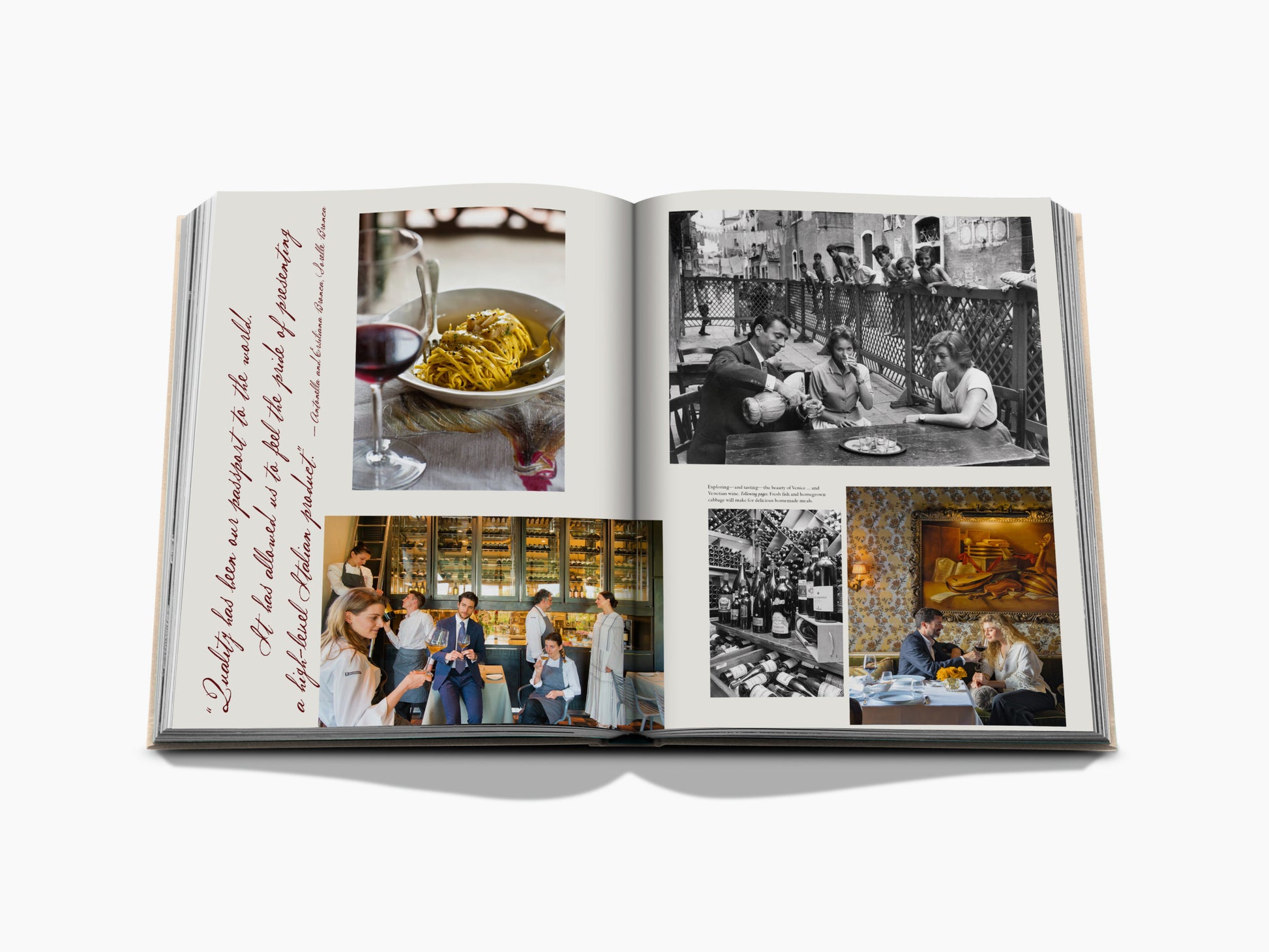 Open spread with Italian food and wine collage on the left page and vintage style photos with bottles on the right