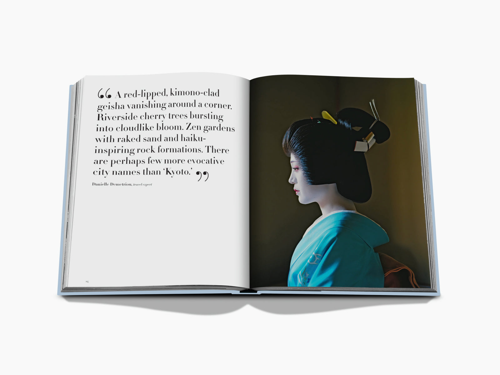 Kyoto Serenity open book spread with a geisha portrait on the right and a quote on the left.