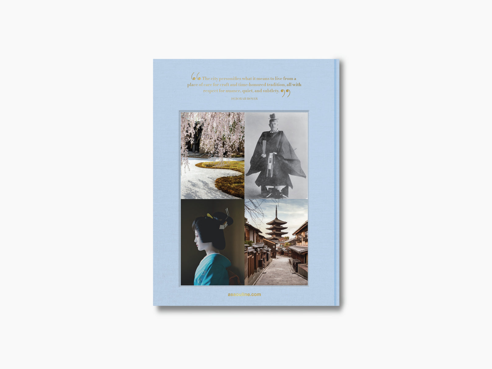 Collage page from Kyoto Serenity with a gold quote and four images cherry blossoms, geisha, temple street and historic figure