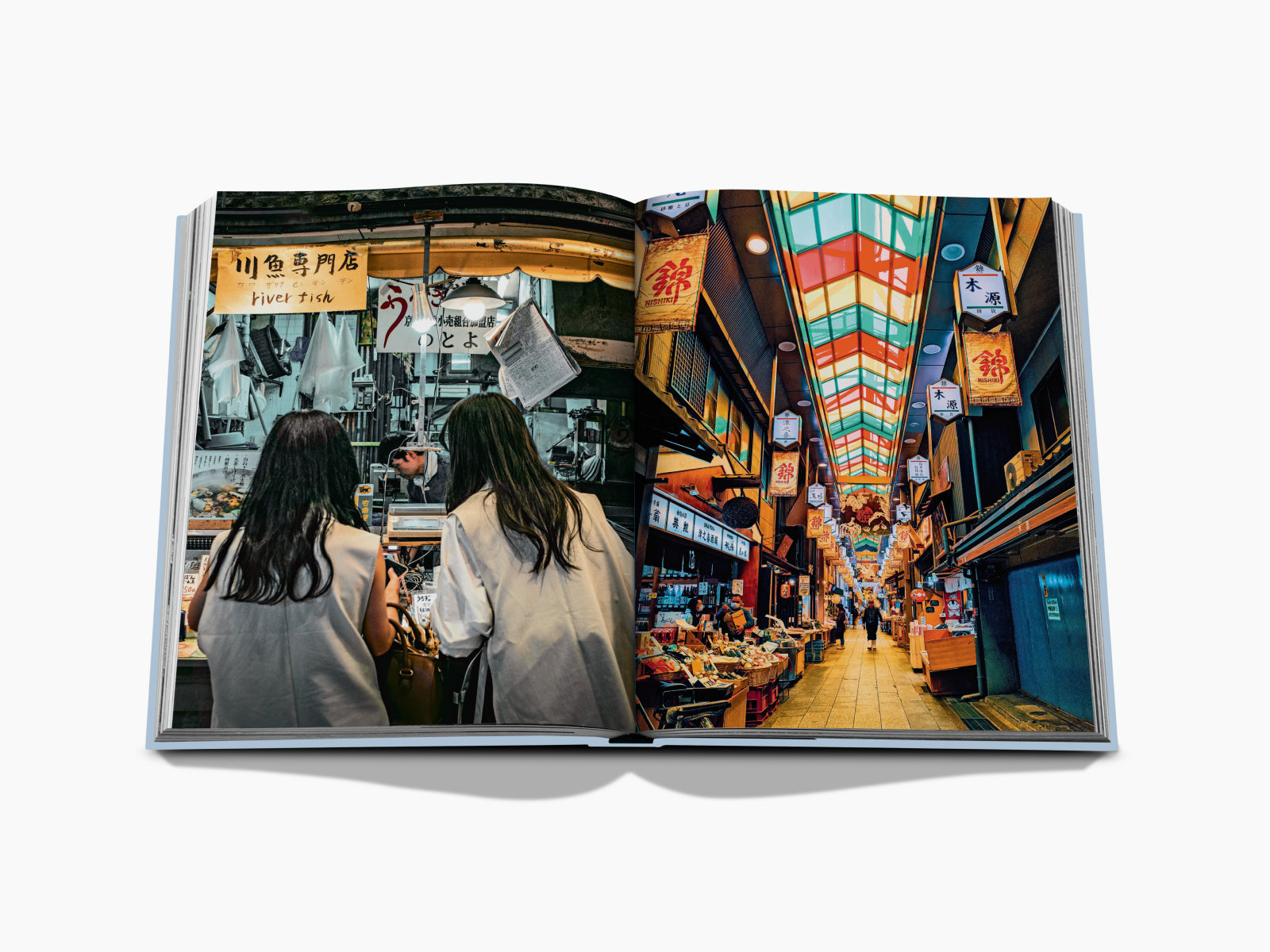 Bustling Kyoto market spread with stalls lanterns and shoppers